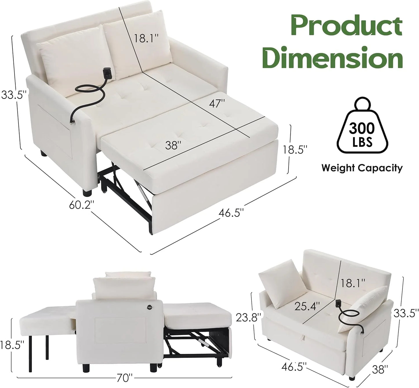 Sleeper Sofa Bed, 3 in 1 Convertible Sleeper Couch Bed Pull Out, Small Loveseat Sofa, Futon Sofa Bed Full Size, 46" Velvet Love Seat