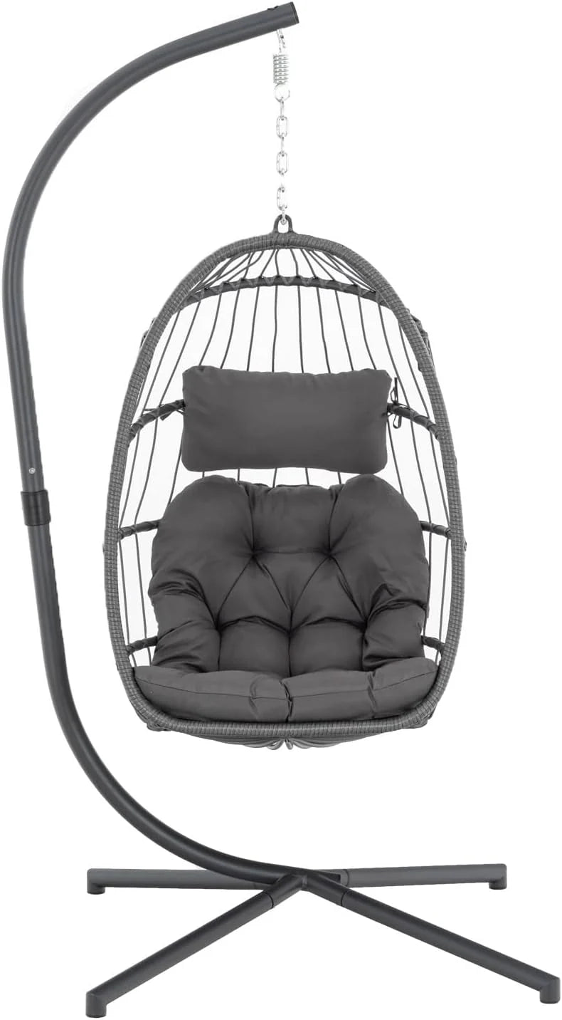 Yechen Indoor Outdoor Egg Hanging Chair with Stand, Patio Wicker Swing Egg Chair Indoor Swinging Chair Outdoor Hammock Egg Chair 350lbs Capacity for Patio Bedroom Balcony, Charcoal Grey (EG-001)