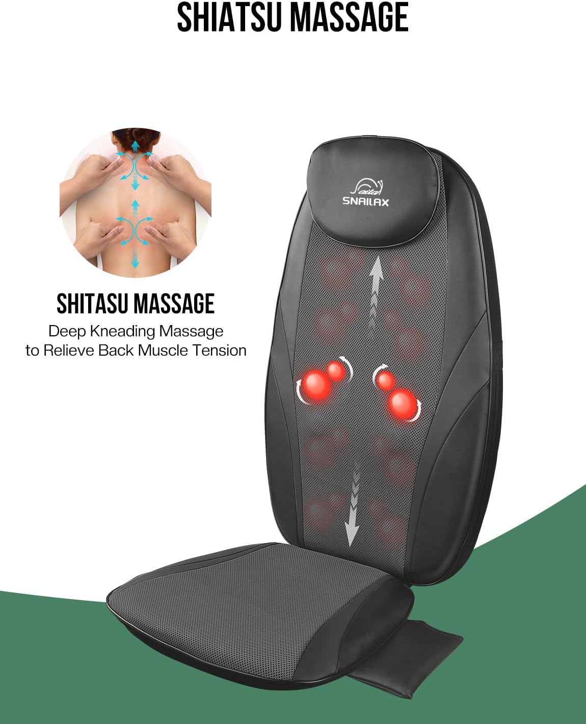 Snailax Shiatsu Massage Cushion with Heat Massage Chair Pad Kneading Back Massager for Home Office Seat use