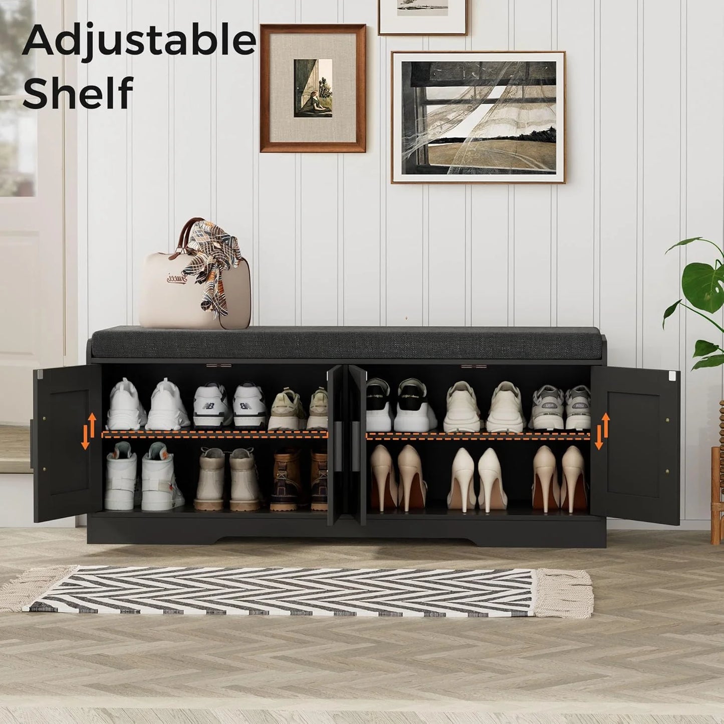 2-Tier Storage Bench, Shoe Bench with Thickened Padded Seat Cushion, Entryway Bench with 4 Doors, Adjustable Shelf