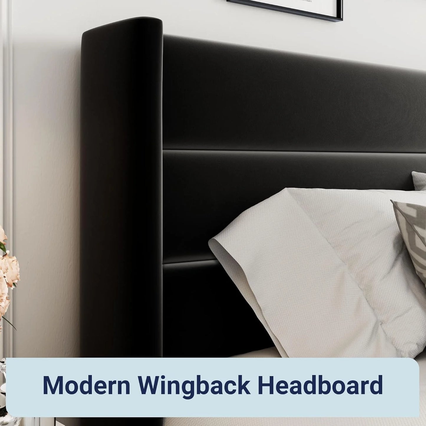 Allewie Queen Size Lift Up Storage Bed, Modern Wingback Headboard, Hydraulic Support, No Box Spring Needed, Light Beige