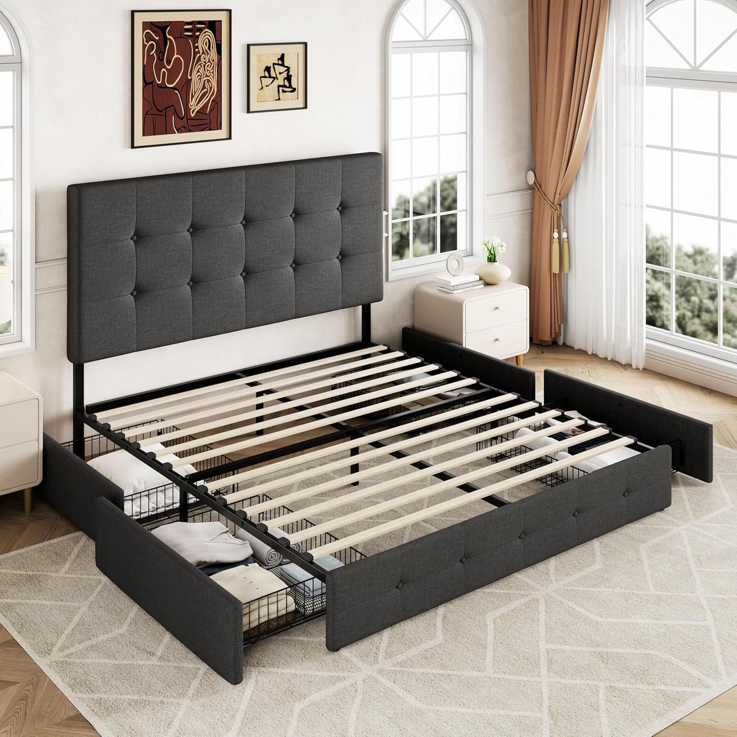 Allewie Upholstered Queen Size Platform Bed Frame with 4 Storage Drawers and Headboard, Square Stitched Button Tufted, Mattress Foundation with Wooden Slats Support, No Box Spring Needed