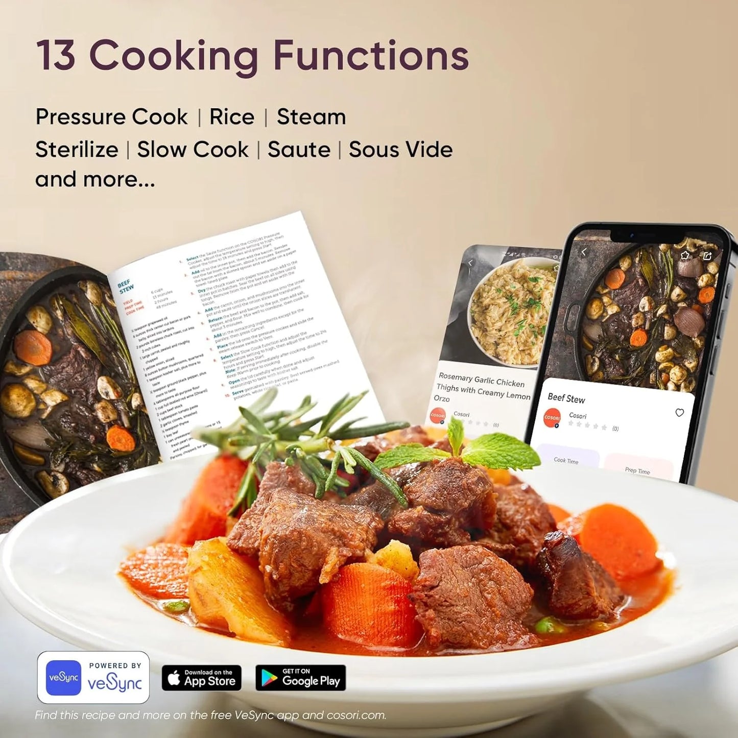 COSORI 6-Quart Stainless Steel Pressure Cooker Multi-Function Cooker with Ceramic Inner Pot for Rice, Slow Cooking, Sous Vide, and Stir-frying