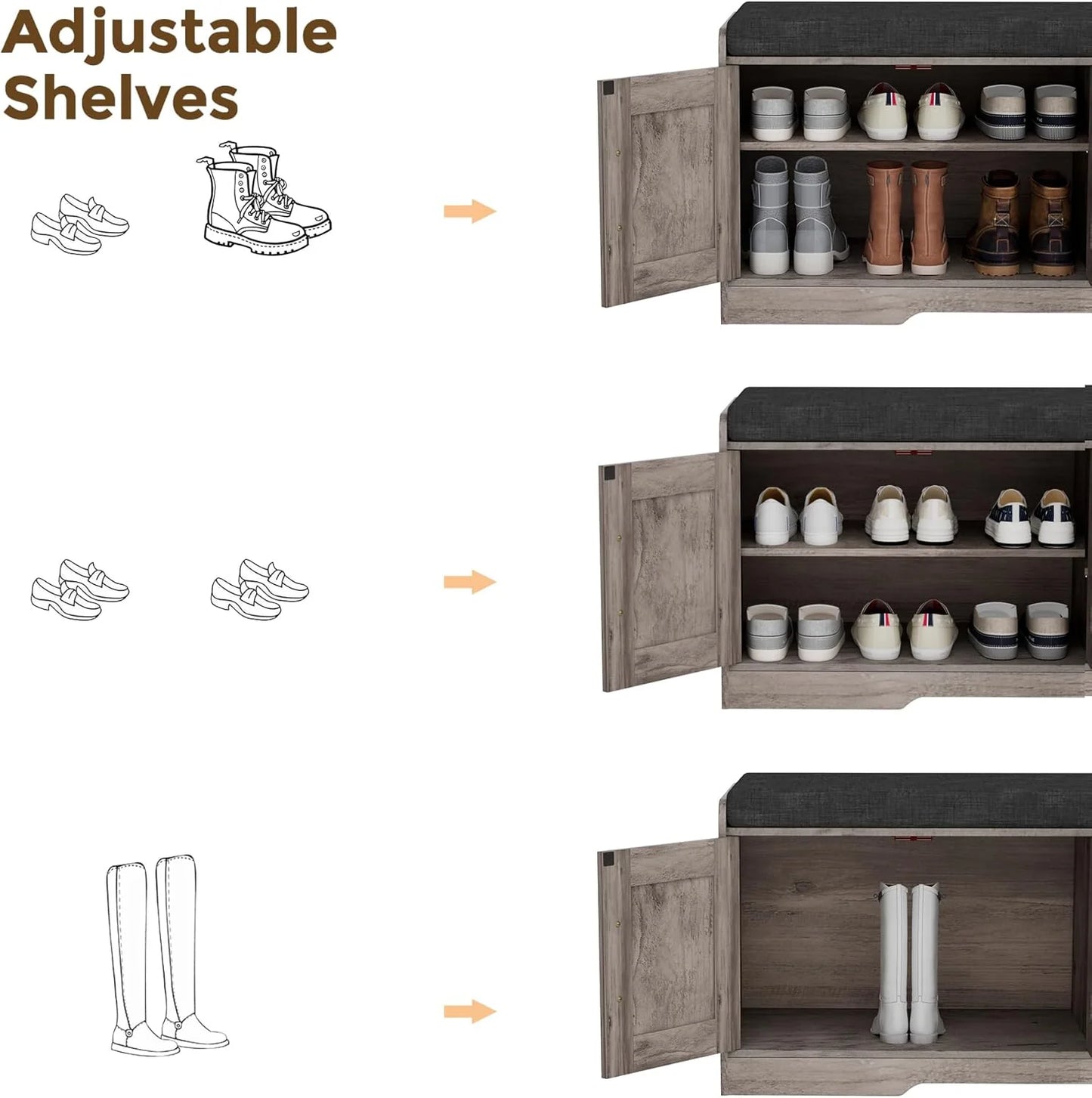 2-Tier Storage Bench, Shoe Bench with Thickened Padded Seat Cushion, Entryway Bench with 4 Doors, Adjustable Shelf