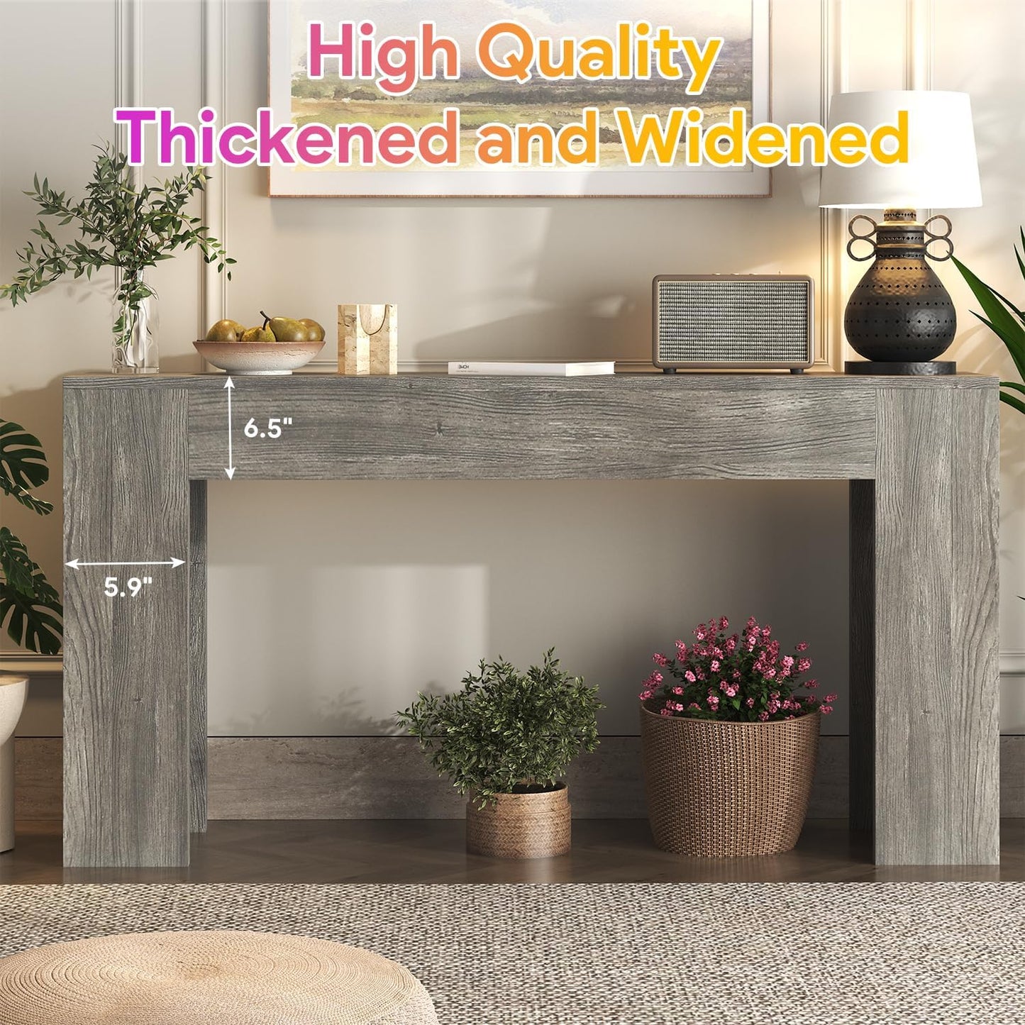 63-Inch Long Console Table with LED Light Farmhouse Sofa Table Behind Couch
