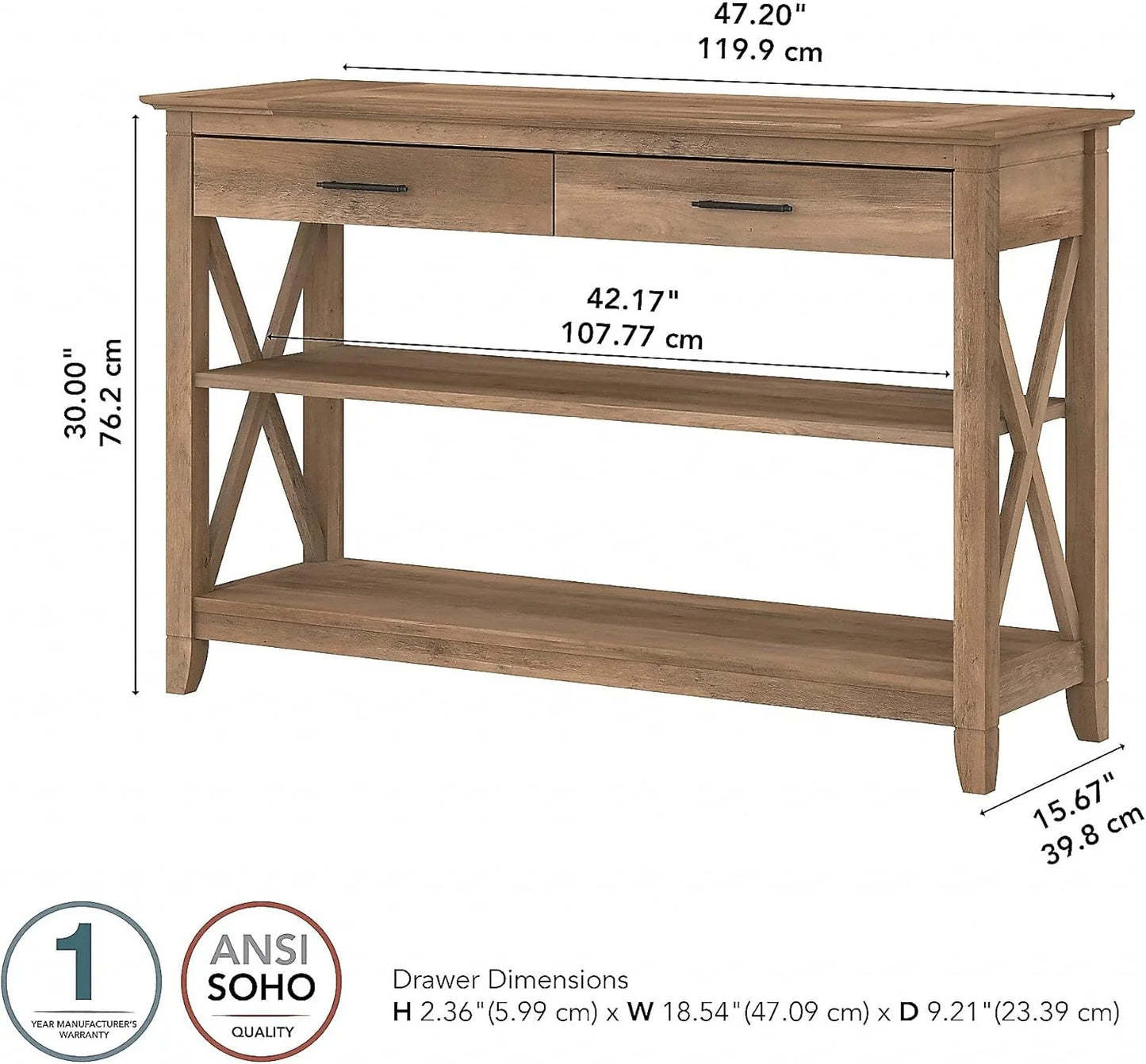 Key West Console Table with Drawers and Shelves in Linen White Oak