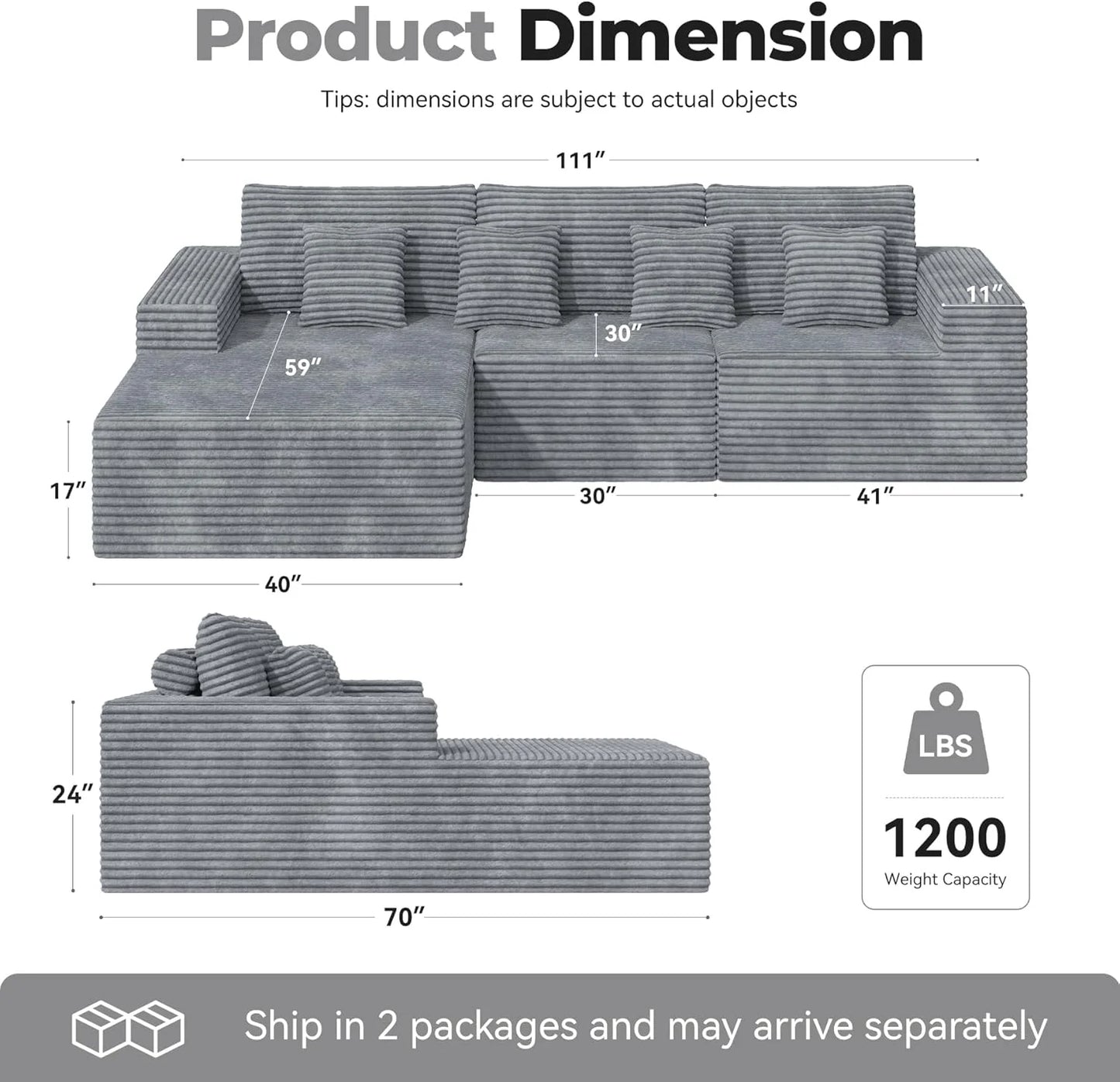 111‘’ Modular Sectional Cloud Couches with L Shaped Chaise