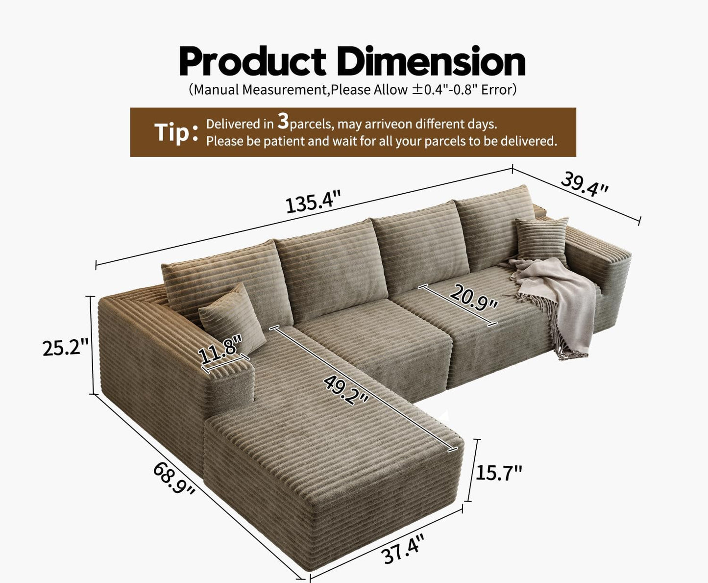 107.5" Cloud Modular Sectional Sofa Couch with L-Shape Chaise,Modern Minimalist Upholstered Couches