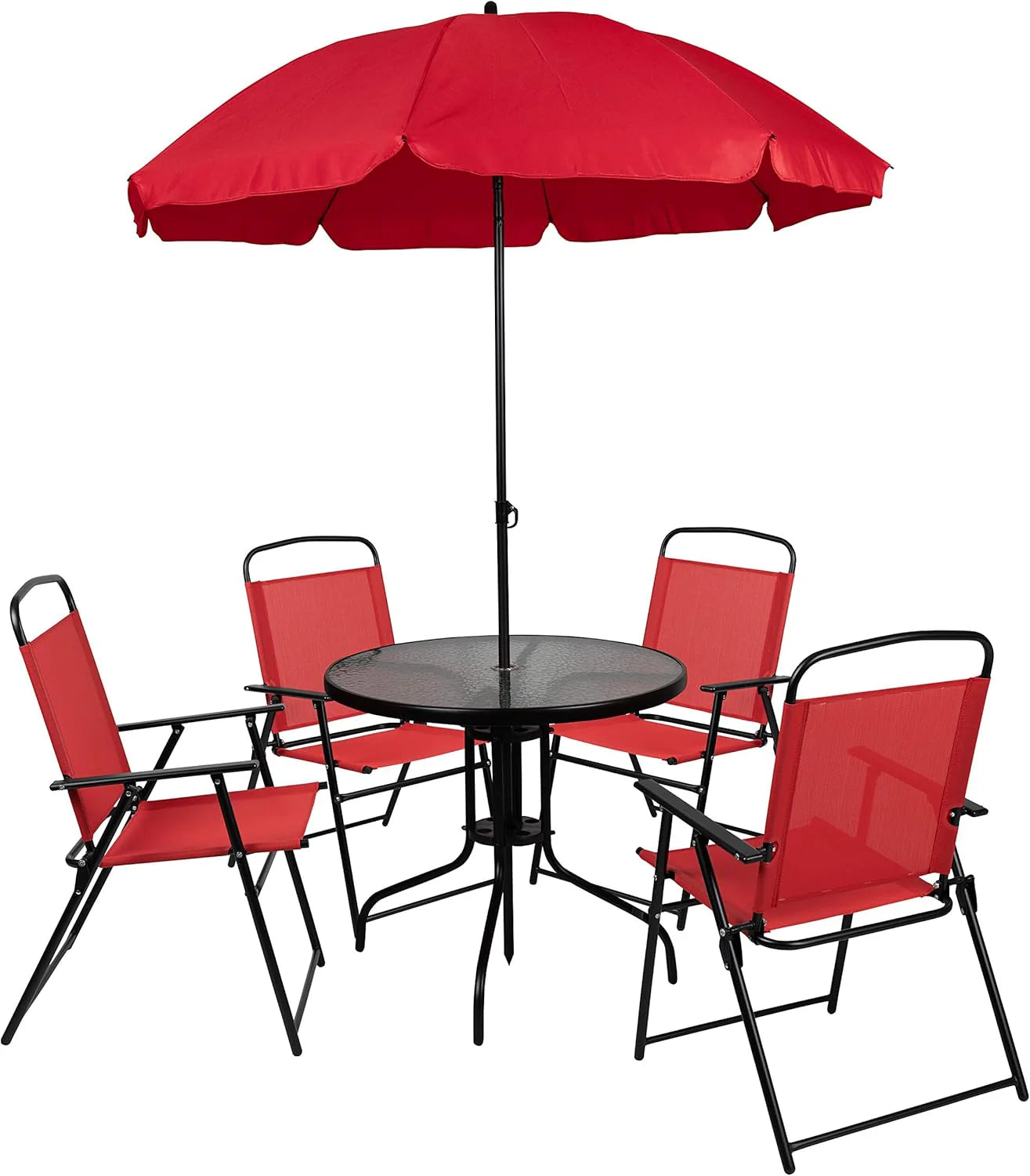 EMMA + OLIVER 6 Piece Brown Patio Garden Set with Umbrella Table and Set of 4 Folding Chairs