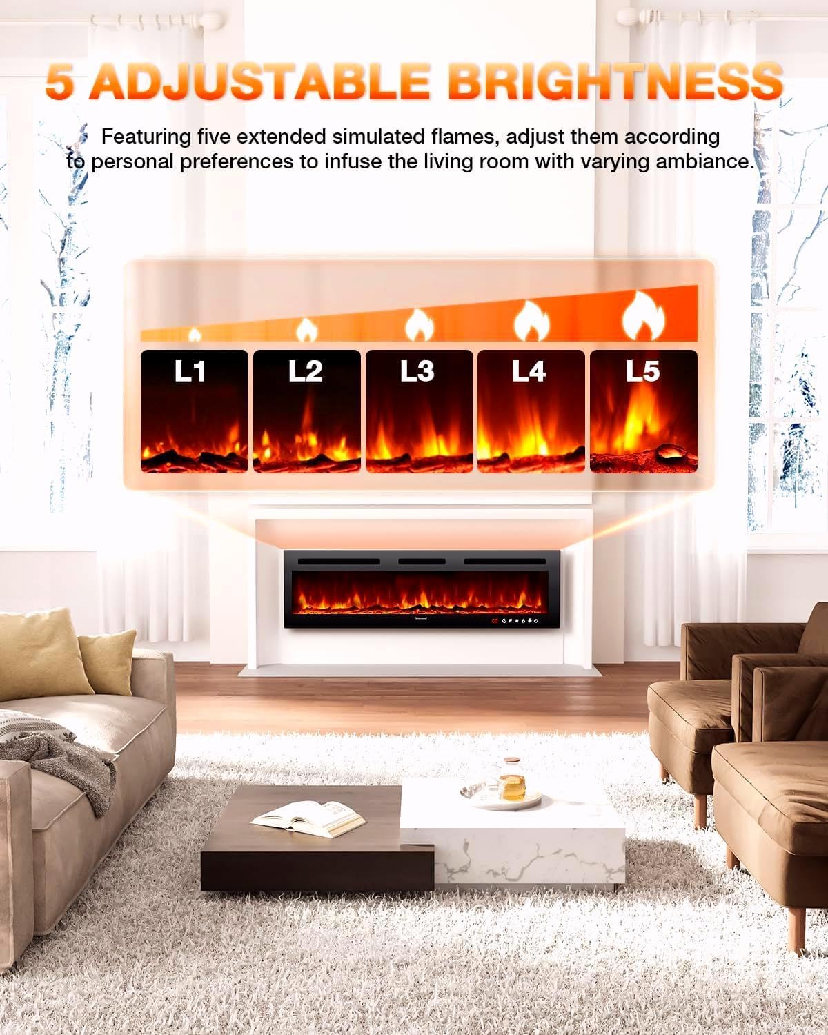 Electric Fireplace 60Inch,Wall Mounted Electric Fireplace Heater with Timer Inserts，TV Stand Touch Screen and Realistic Flame,Log Set,Crystal Flames 750 to 1500W，Remote for Living Room