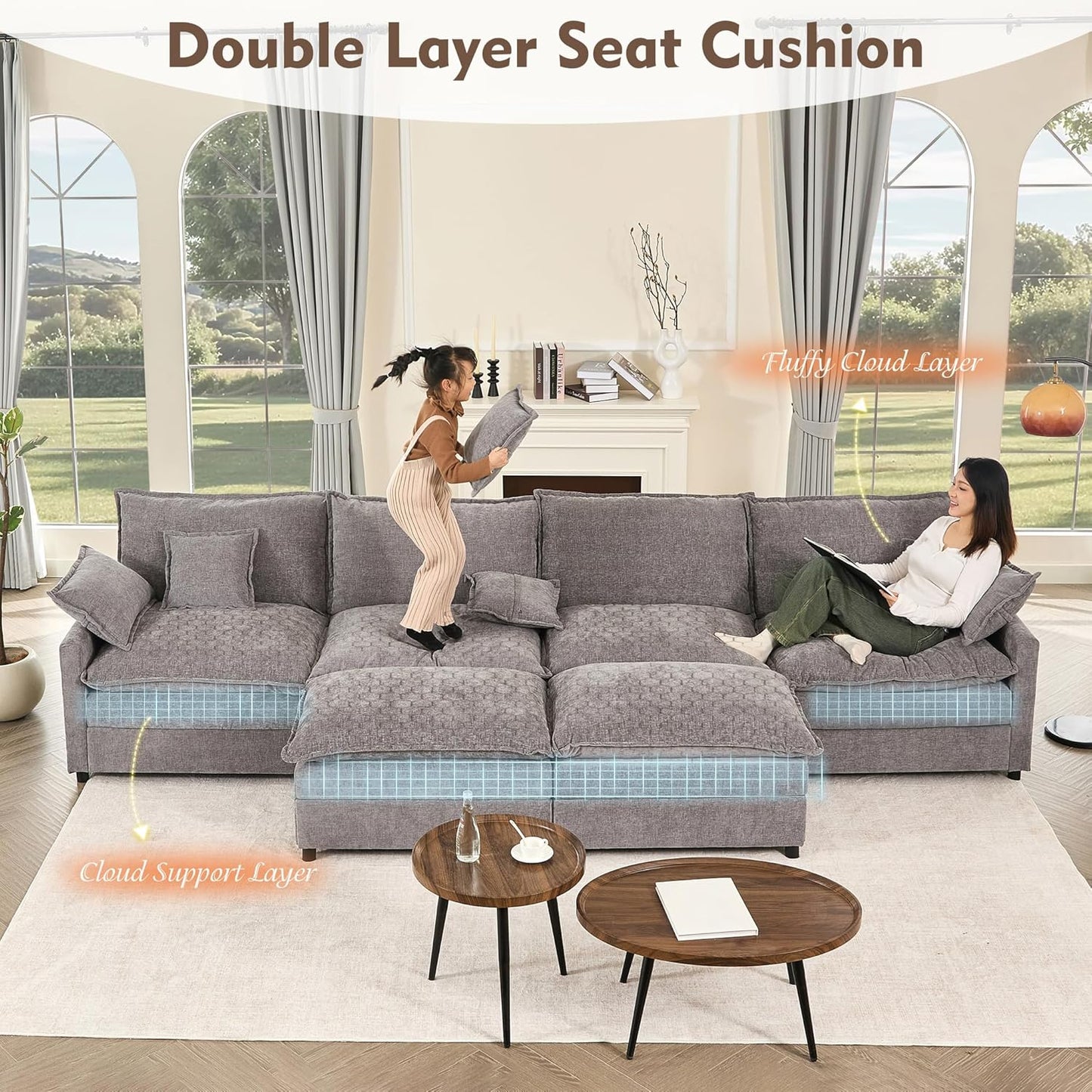 108" U-shaped sofa, modular sofa, three-seater comfortable cloud sofa