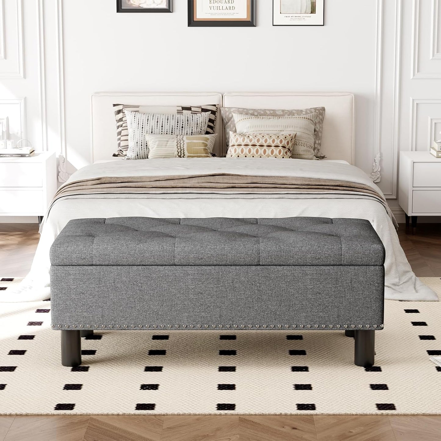 Furniliving Modern Storage Ottoman Bench, Sherpa Ottoman End of Bed Bench with Solid Wood Legs Upholstered Ottoman Benches with Storage Indoor Bench