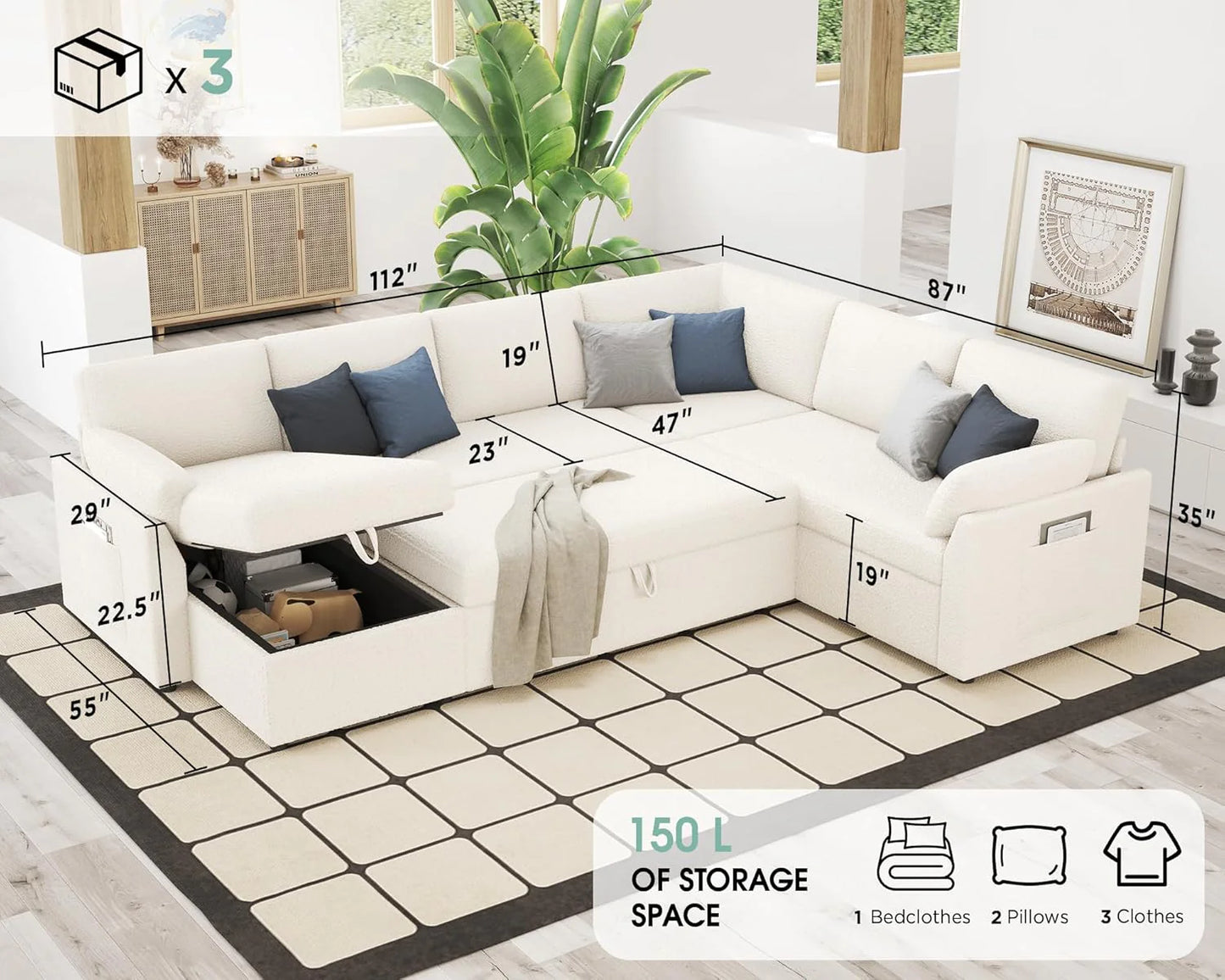 VanAcc Sofa Bed, Sleeper Sofa with Storage Chaise- 2 in 1 Pull Out Couch Living Room, Comfy Sleeper Couch