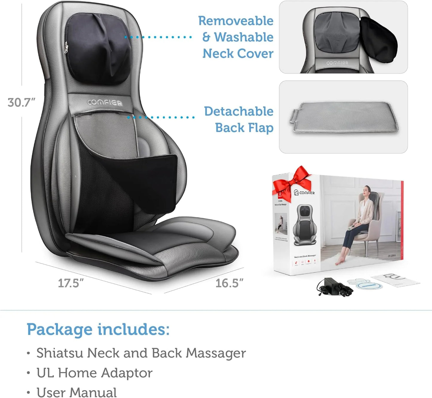 COMFIER Massager Chair with Heat Shiatsu Neck Back Massager Portable with Compress & Rolling Massage Chair Pad for Full Back Neck & Shoulders Full Body Pain