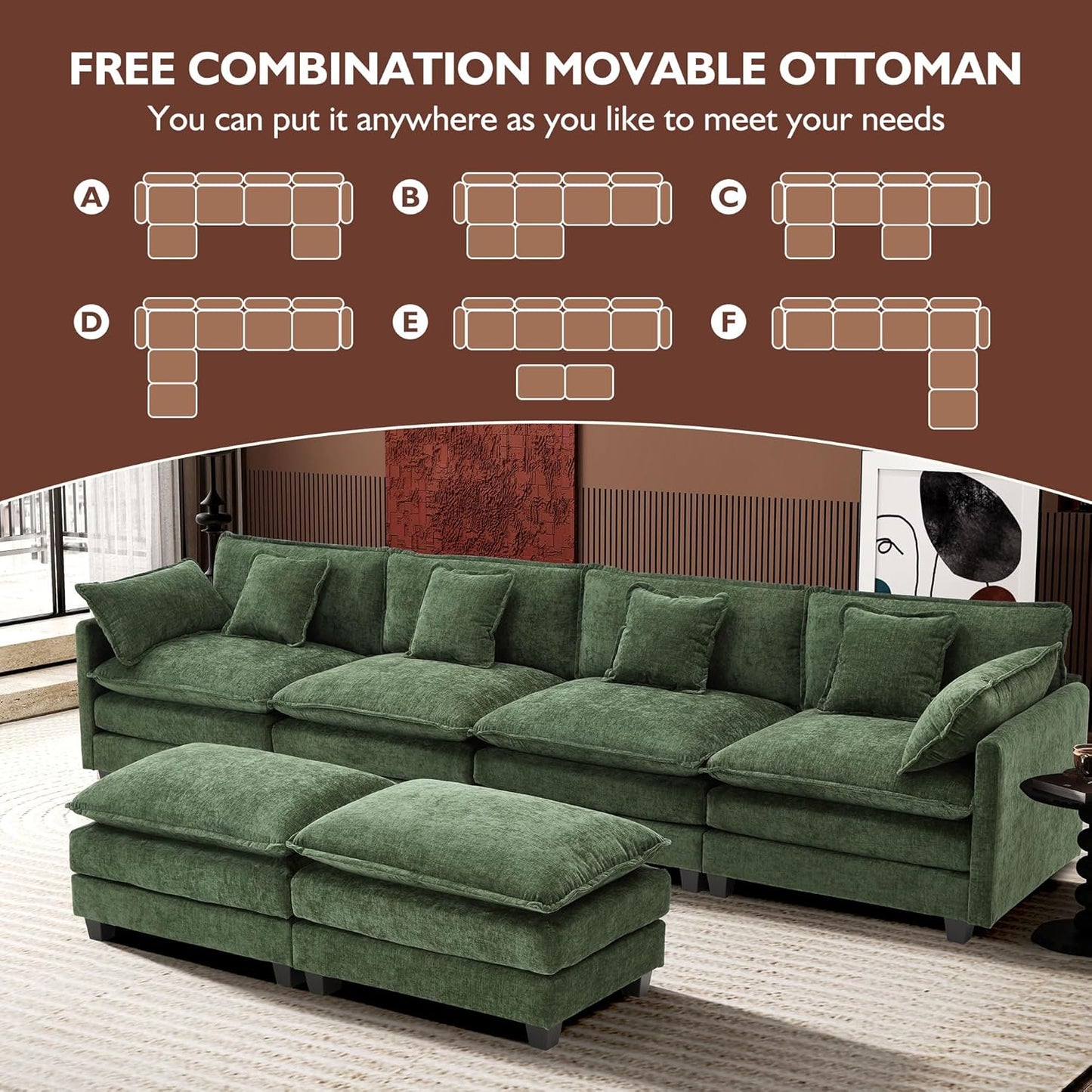 111.4 Inch L-Shaped Modern Sofa Modular Cloud Sofa with Ottoman, 4-Seater Chenille Deep Seat Sofa with Pillows for Living Room, Bedroom and Apartment, Beige