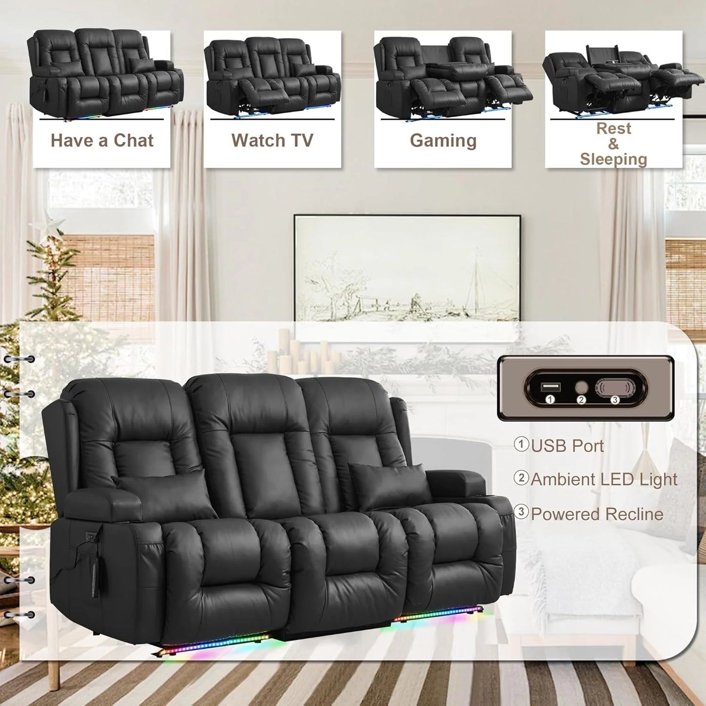 TUNYI Power Loveseat Recliner Sofa with Massage & Heat Home Theater Seating with Console Electric Recliner RV Sofa with USB/Outlet/Storage/Side Pocket/LED Light/Speaker (Brown, Loveseat)