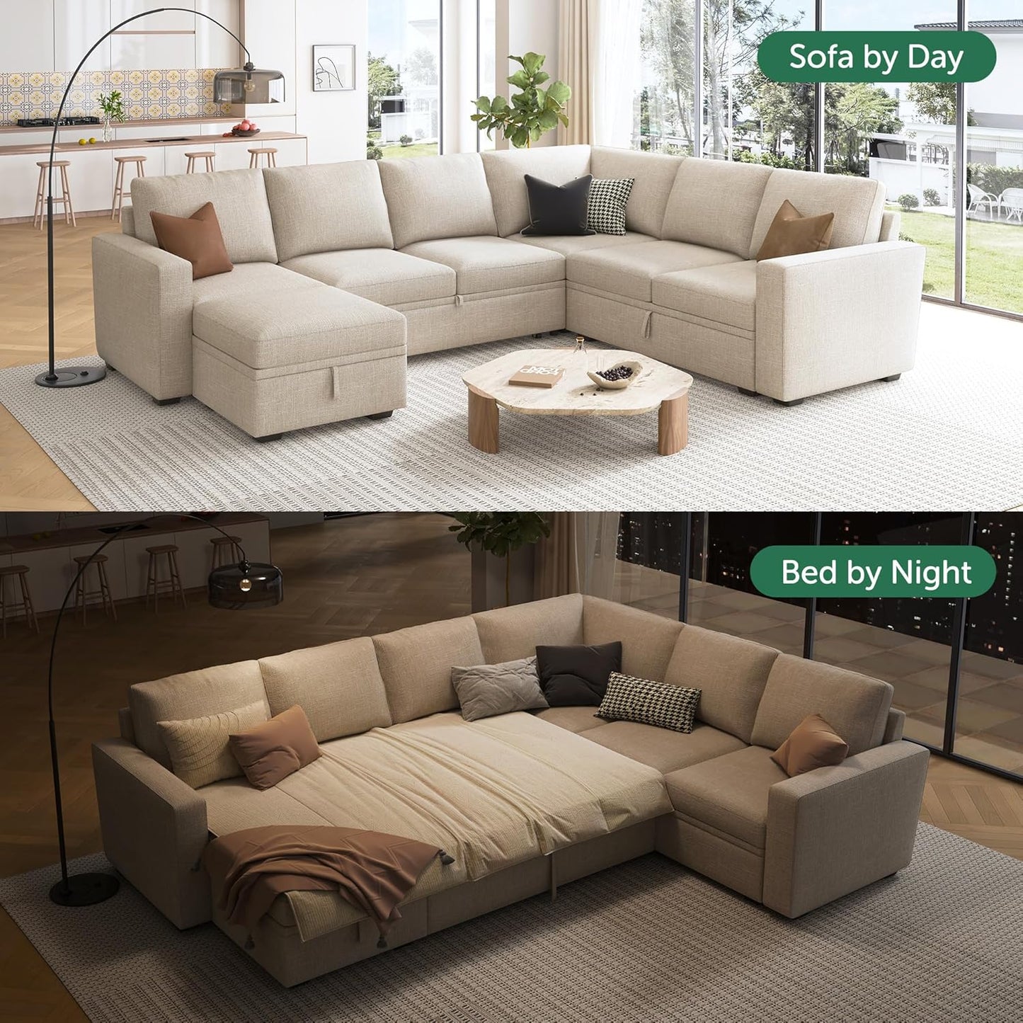 HONBAY Modular Sectional Sleeper Sofa with Pull Out Bed, L Shaped Couch with Storage Seat, Convertible Sectional Couches for Living Room