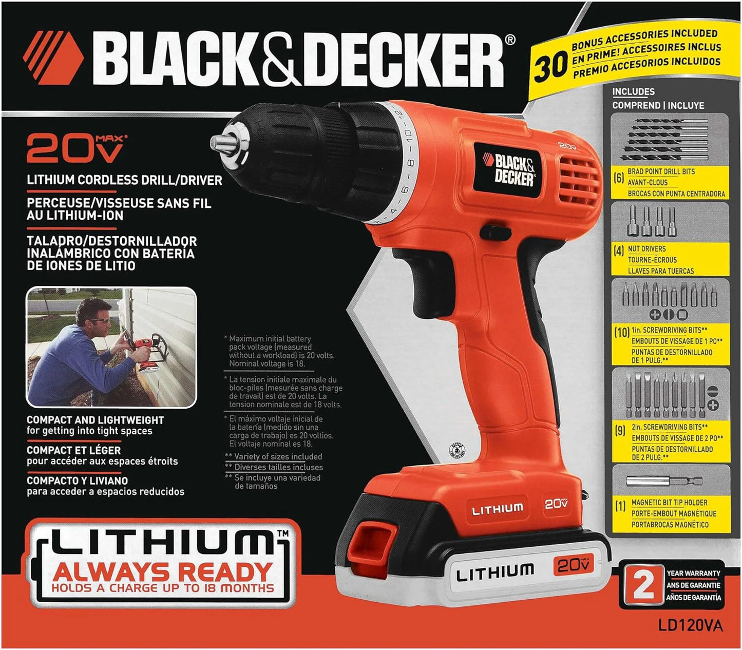 BLACK+DECKER 20V MAX POWERCONNECT Power Drill Cordless Drill Driver Electric Screwdriver with 30 Piece Bit Set and Drivers Kit, Battery and Charger Included (LD120VA)