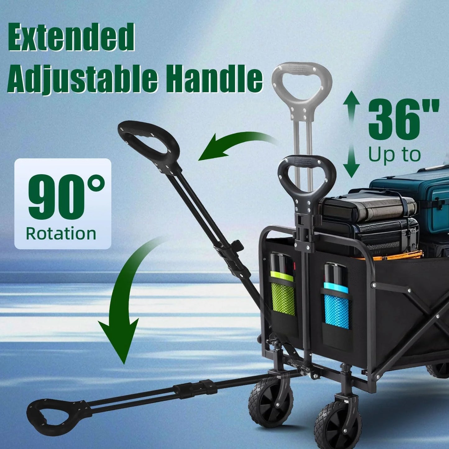 Foldable 4-wheel cart, foldable, 37 inches long, 480 lb capacity, heavy-duty beach cart, shopping cart with wheels