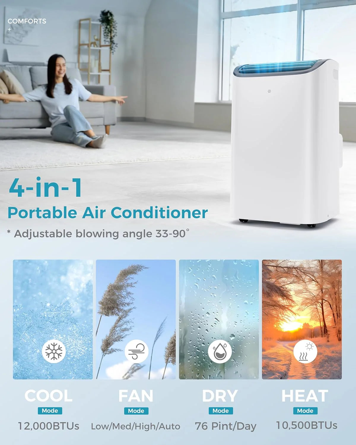 EUHOMY 8,000 BTU Portable Air Conditioners, 4-in-1 Portable AC Unit Up to 350 Sq.Ft, 4 Modes Quiet Air Conditioner with Remote Control, Cool, Fan, Dehumidifier, 24H Timer, Bedroom, Office, Apartments