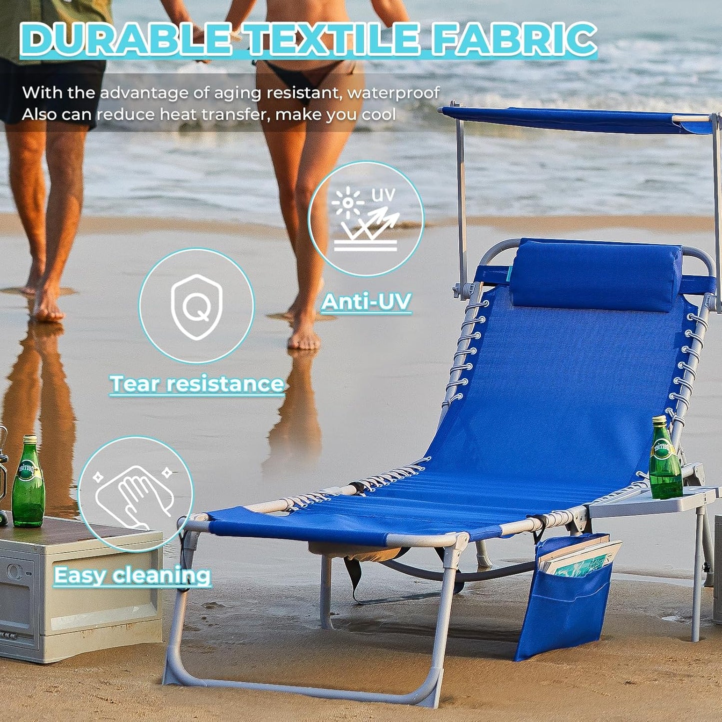 2 Pack Outdoor Chaise Lounge Chair - Portable Folding Patio Pool Lounge Chair, 5 Positions Adjustable Reclining Camping Chair with Side Table,Shoulder Strap, Pillow for Beach Sunbathing Lawn