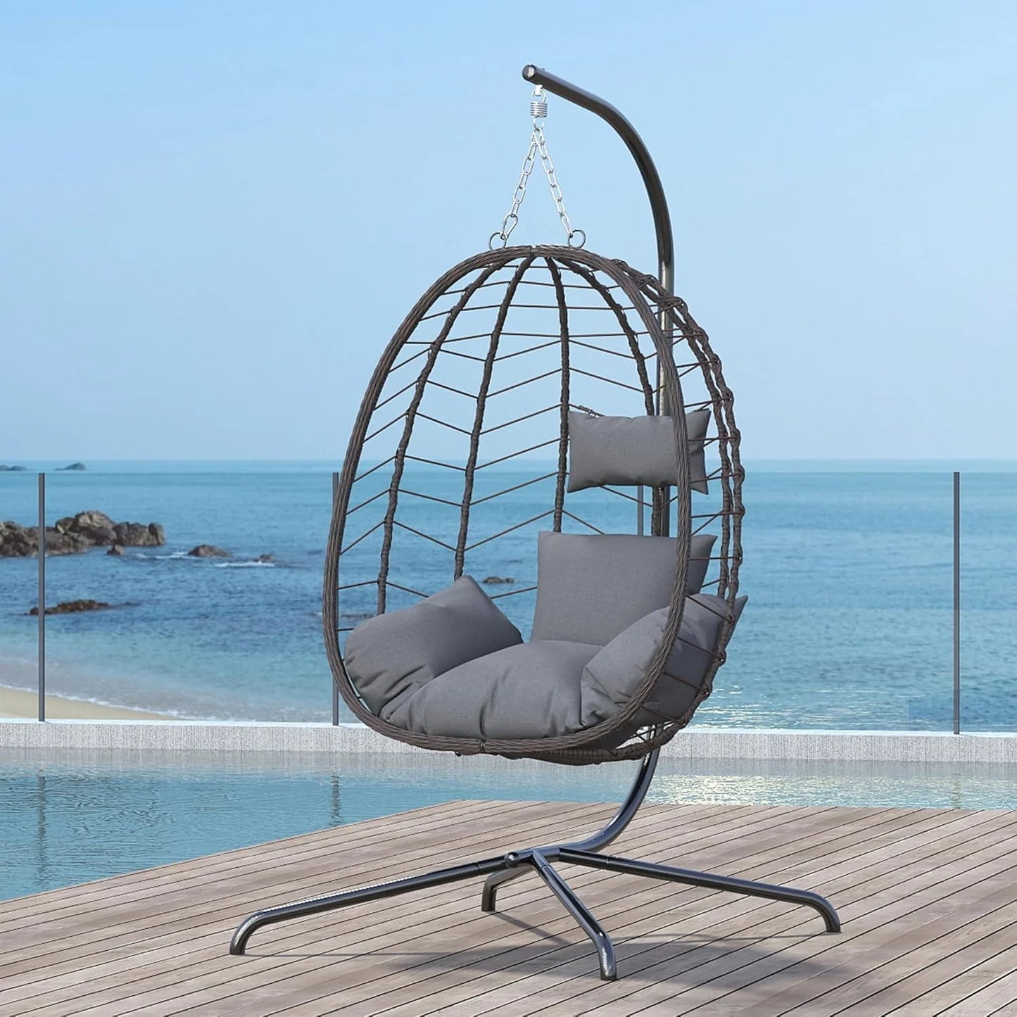 Hanging Egg Chair with Stand, Swinging Egg Chair Outdoor Indoor, Hanging Basket Chair with Cushion, Patio Wicker Hammock Chair 350lbs Capacity for Bedroom, Balcony, Backyard, Garden (Grey)