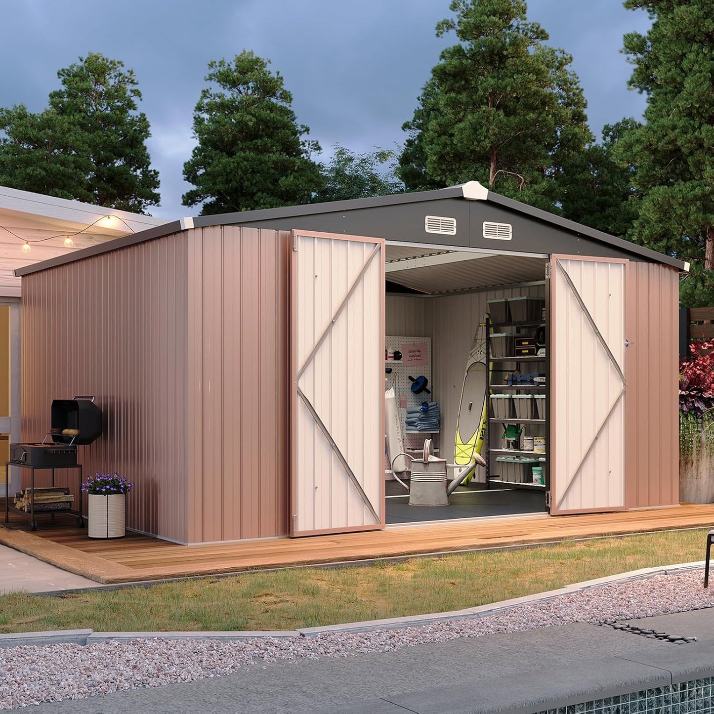 Aoxun 7.4x5.3FT Shed with Floor Galvanized Steel Outdoor Storage Shed Metal Garden Shed with Double Doors, 15mm Moisture-Proof Floor & Ventilation, Sloped Roof for Bike/Generator/Tool Storage (Brown)