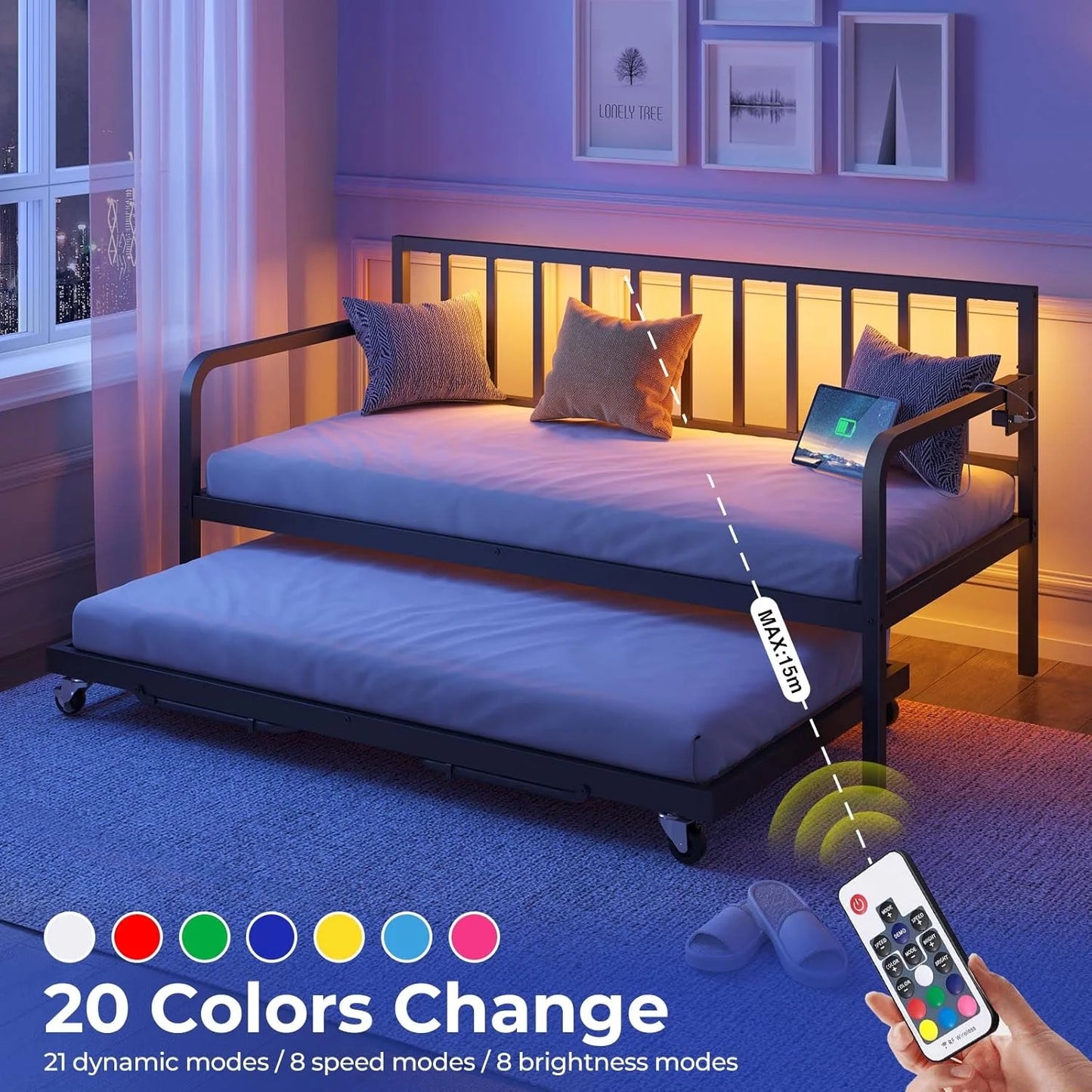 Rolanstar Daybed with Charging Station and LED Lights, Height Adjustable Twin Daybed with Trundle, Metal Sofa Bed Frame with Steel Slat Support