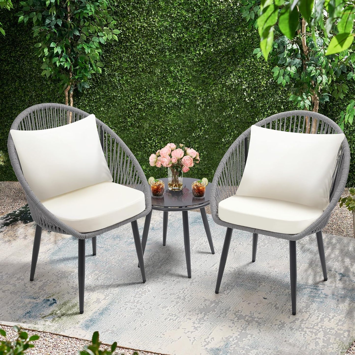 3 Piece Bistro Set, Woven Rope Chair with Cushions, All Weather Patio Conversation Set with Side Table, Ideal for Deck, Balcony, Poolside, Black