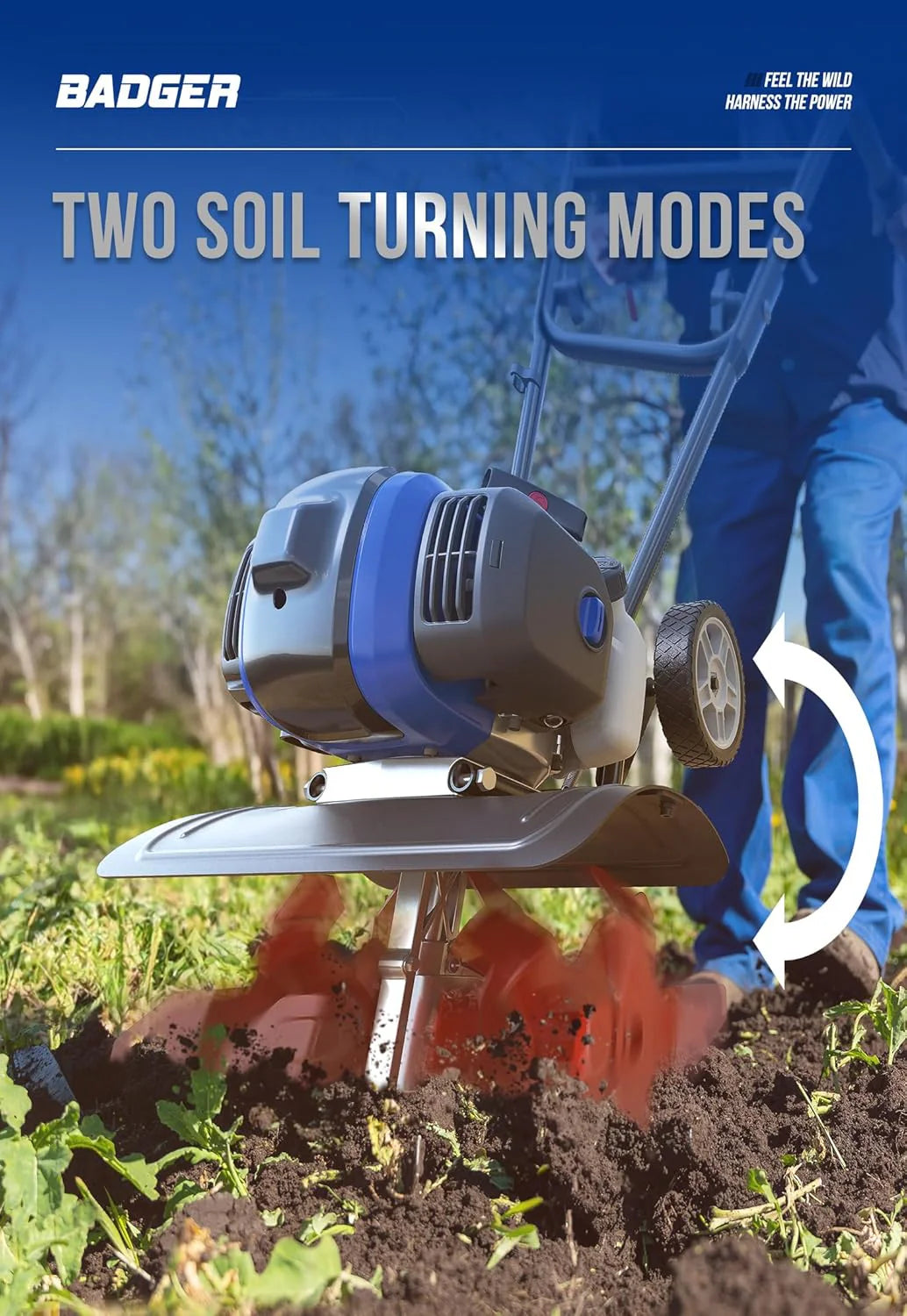 Garden Tiller 53cc Mini Cultivator 15 inch Powerful Liftable Booster Rod Tilling Tool for Lawn, Garden and Field Soil Cultivation