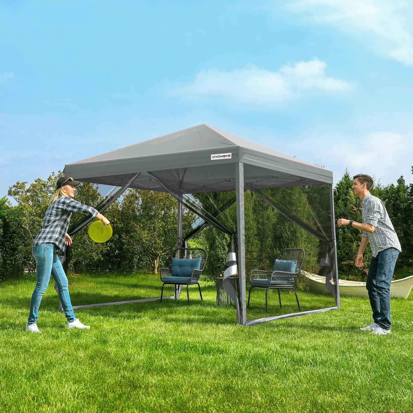 10x10ft Easy Pop-Up Canopy, Outdoor Screen Tent with Mosquito Netting, 2 Zipper Doors, and Roller Bag for Yard Camping Picnic Party Events, Beige