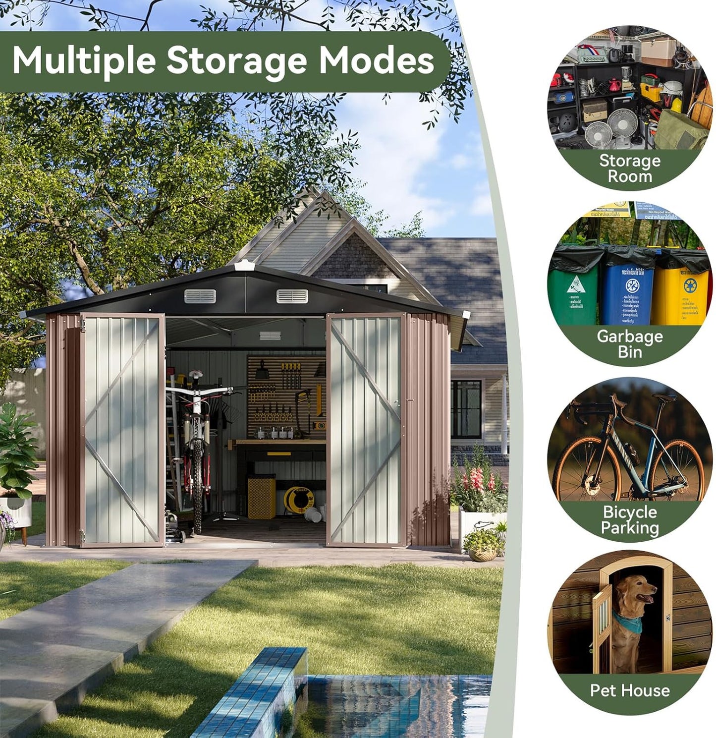 Aoxun 12x10 FT Shed Metal Outdoor Waterproof Storage Shed Steel Utility Garden Tool Shed with Door & Lock Outdoor Storage for Garden Patio Lawn Poolside, Brown