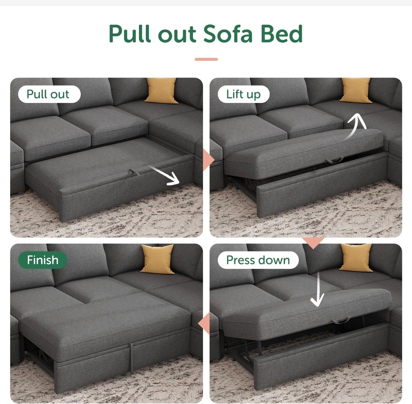 HONBAY Modular Sectional Sleeper Sofa with Pull Out Bed, L Shaped Couch with Storage Seat, Convertible Sectional Couches for Living Room