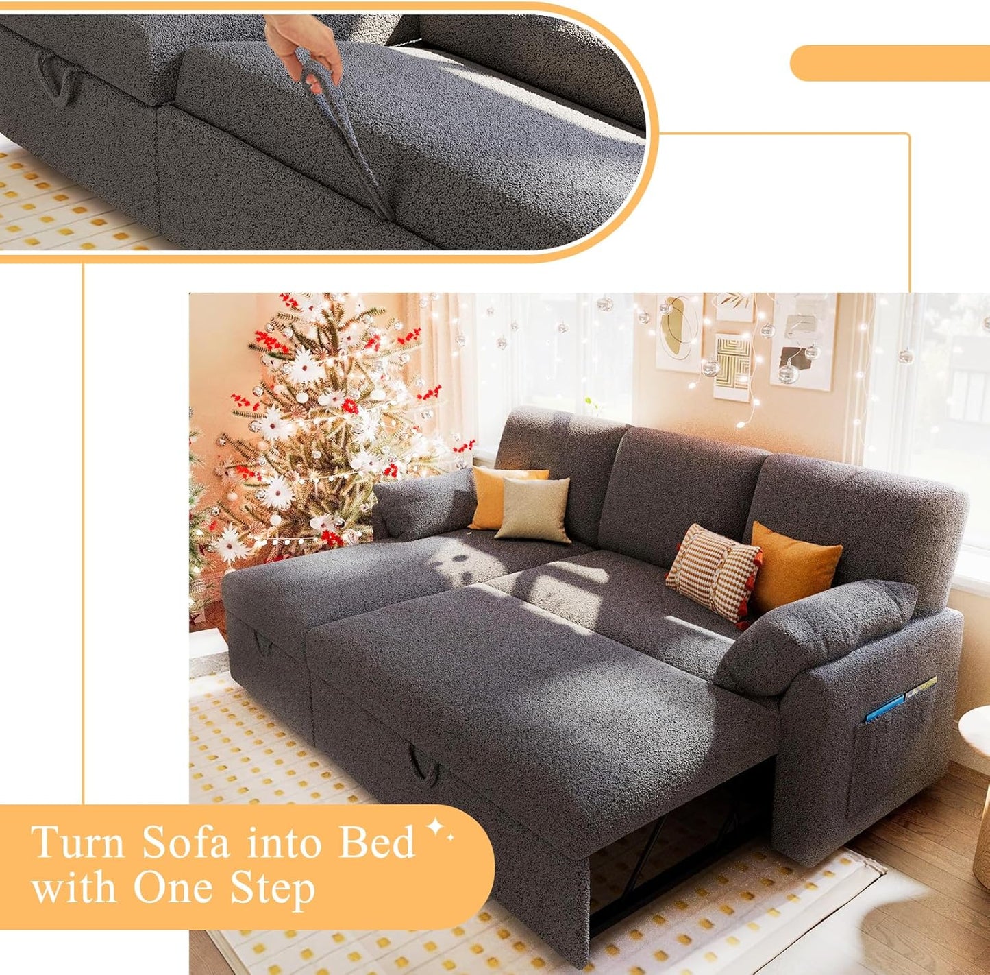 VanAcc Sofa Bed, Sleeper Sofa with Storage Chaise- 2 in 1 Pull Out Couch Living Room, Comfy Sleeper Couch