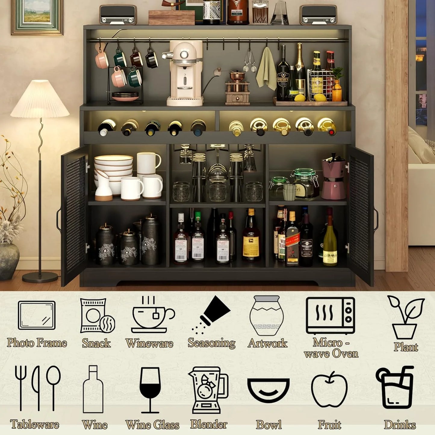 Wine Bar Cabinet with LED Light, Liquor Cabinet with Glass Holder, Coffee Bar for Liquor, Storage Buffet with Wine Racks, Wine Cabinet