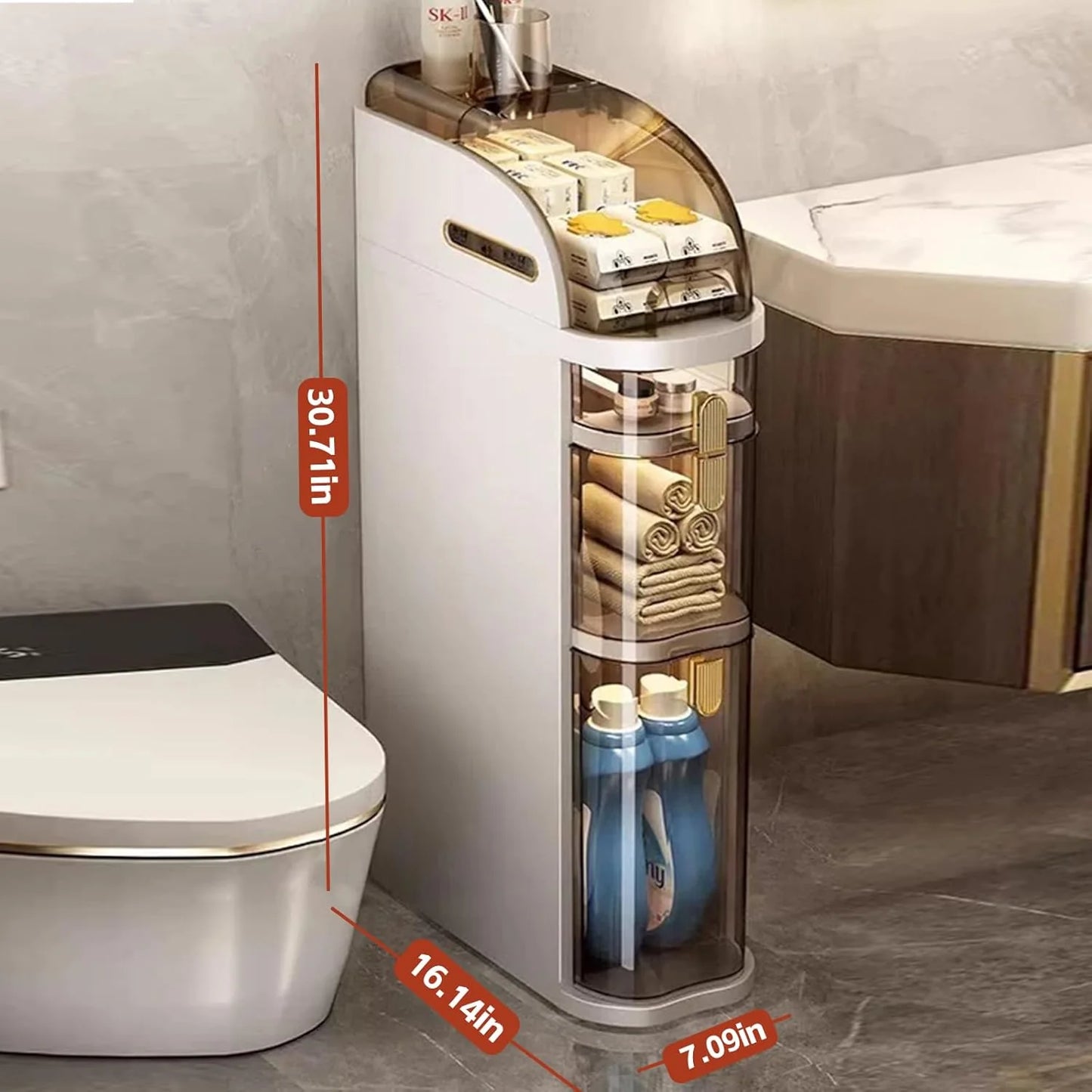 4-Tiers Narrow Bathroom Storage Cabinet 7.1″ Slim Bathroom Floor Organizer with Drawers and Tissue Box Plastic Waterproof Mobile Locker