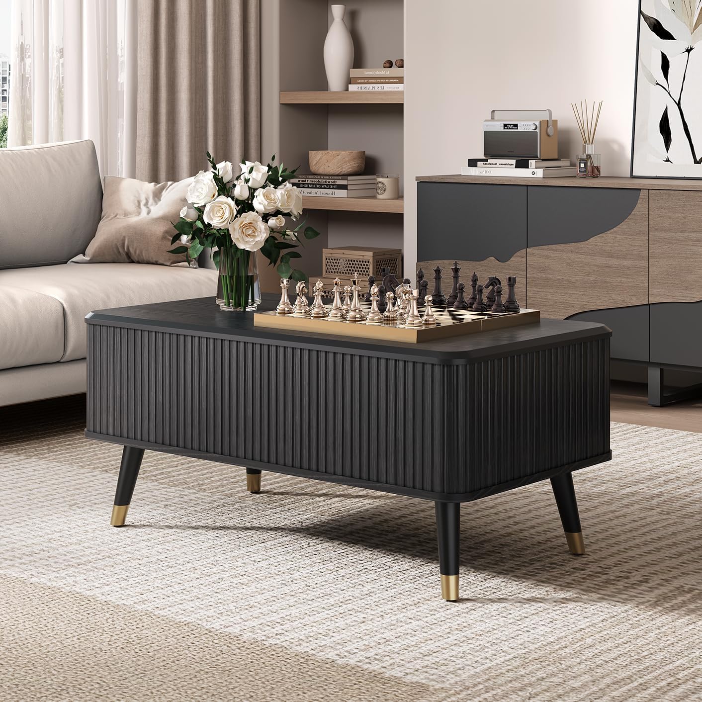 Round Coffee Table with Storage,Fluted Center Table with Sliding Cabinet Door for Living Room,Home Small Space,31.5" Small Center Table,Walnut