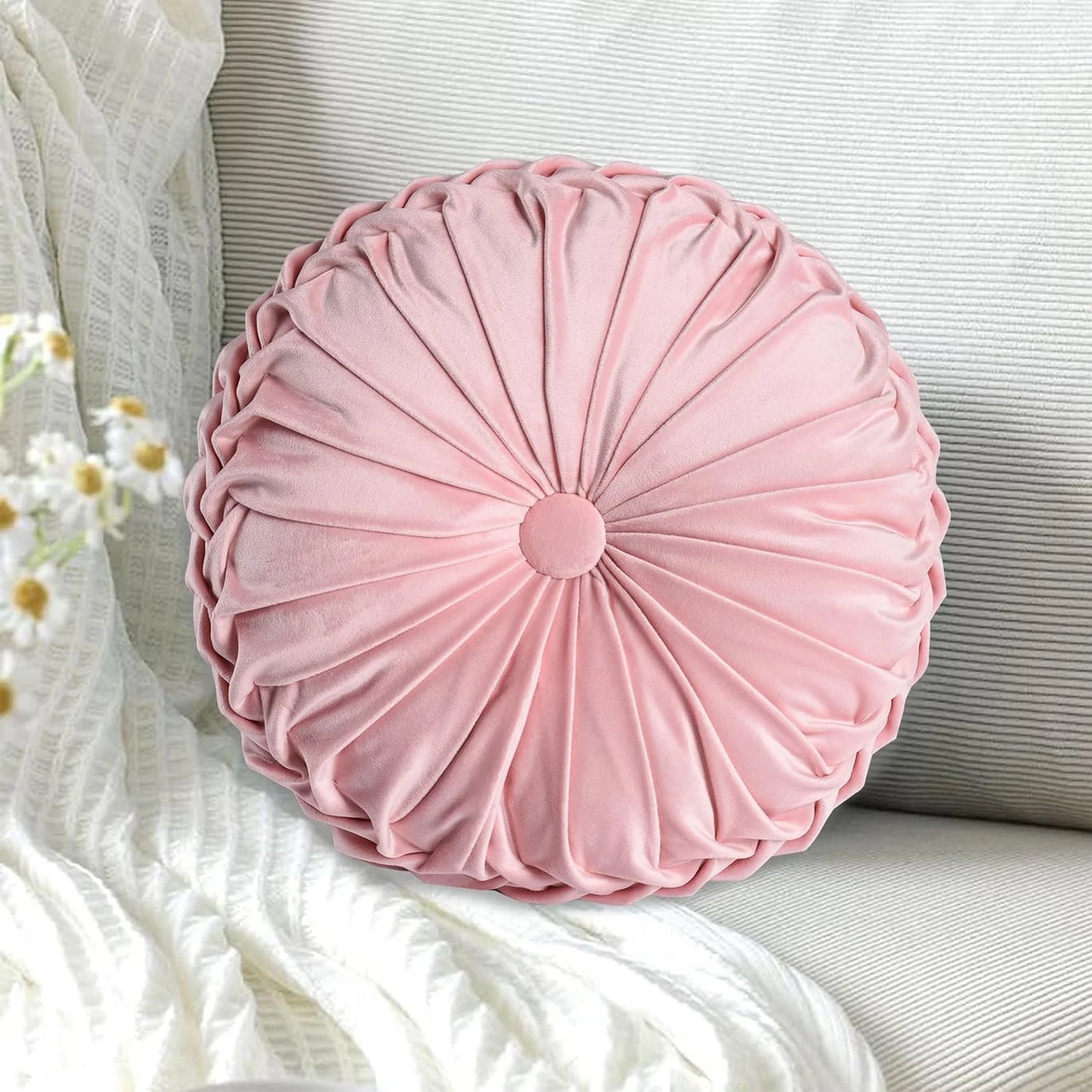 Set of 2 Decorative Round Pleated Throw Pillows
