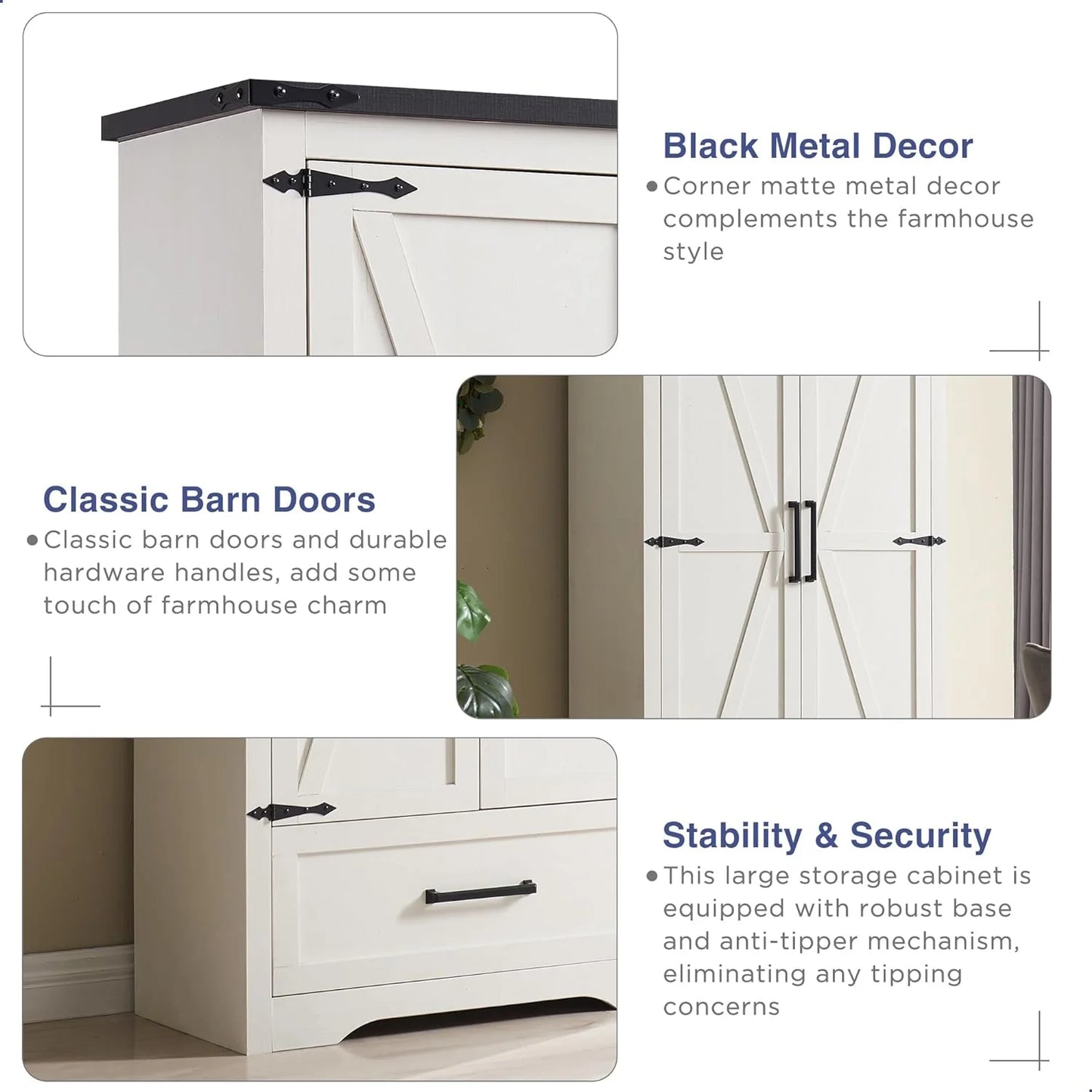 JXQTLINGMU Farmhouse Kitchen Pantry - 72" Tall Wood Kitchen Storage Cabinet with Adjustable Shelves and 2 Barn-Style Doors and Drawers