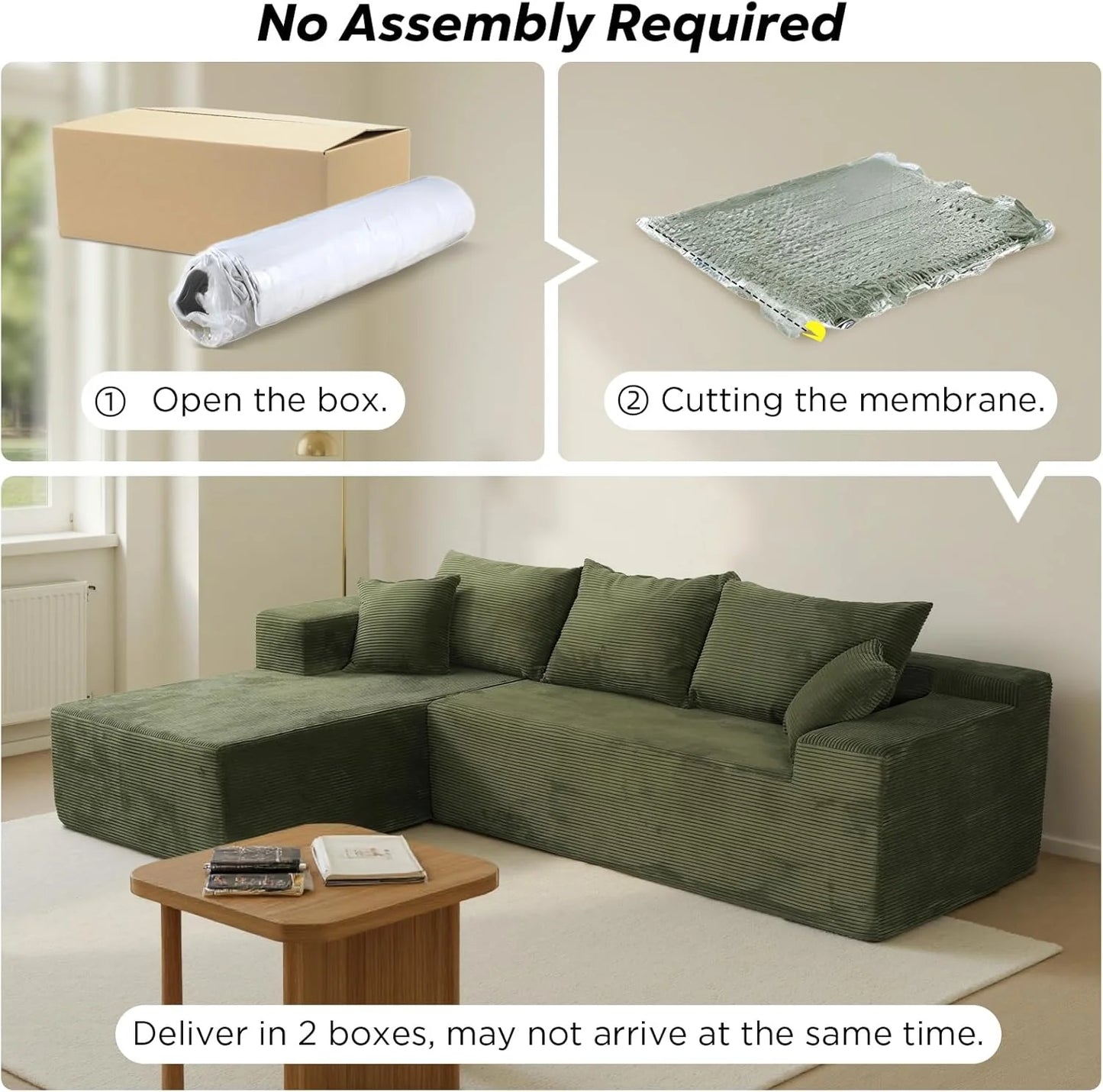 Cloud sofa with L-shaped lounge chair, modern modular sofa with deep seats