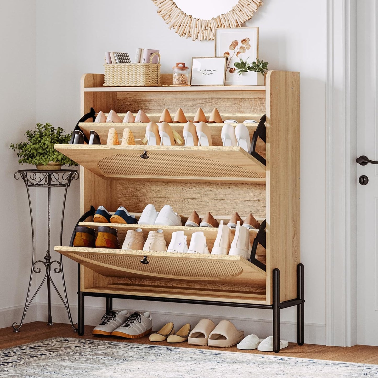 IRONCK Shoe Cabinet Storage with 2 Flip Drawers, Free Standing Wooden Shoe Storage Organizer Cabinet with Rattan Doors for Entryway, Narrow Shoe Rack Cabinet, Oak