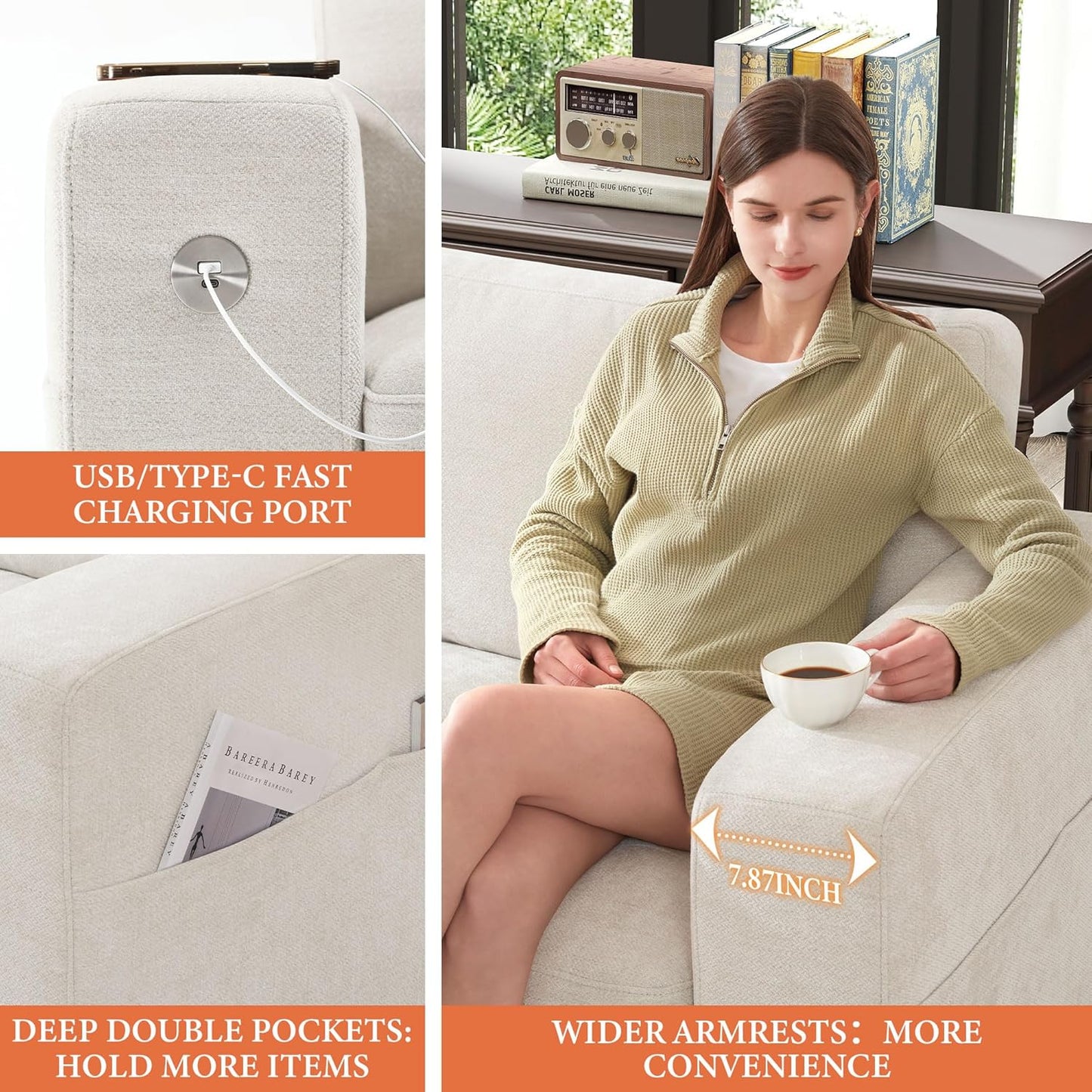 111.4 Inch L-Shaped Modern Sofa Modular Cloud Sofa with Ottoman, 4-Seater Chenille Deep Seat Sofa with Pillows for Living Room, Bedroom and Apartment, Beige