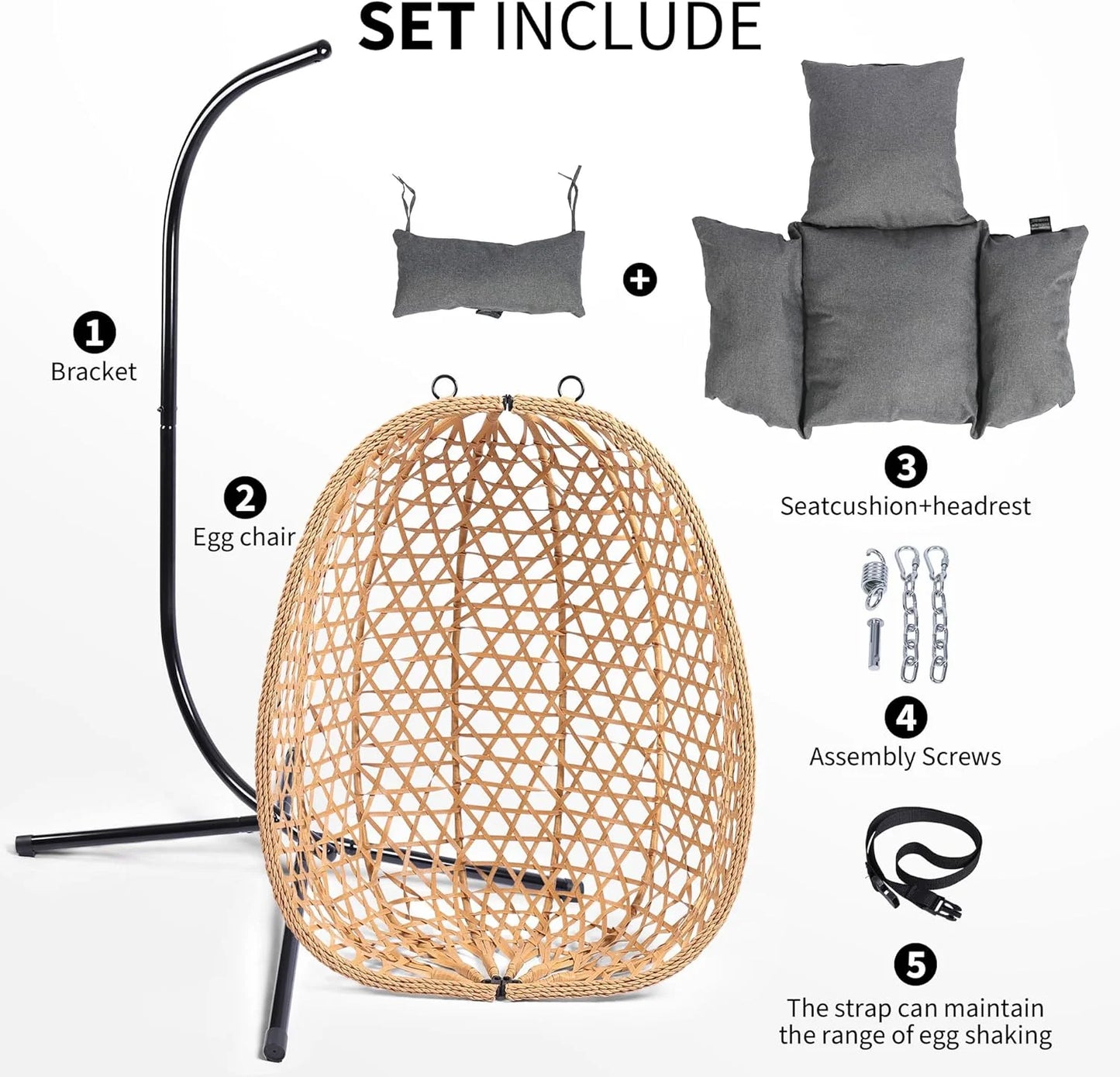 Egg Chair with Stand, Patio Wicker Hanging Chair, Hammock Swing Chair, 350LBS Capacity for Bedroom, Balcony, Garden