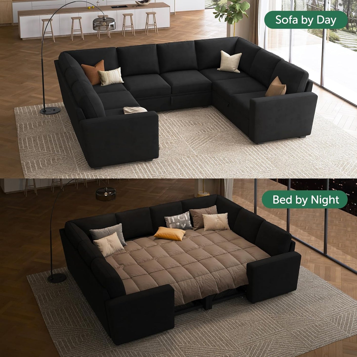 HONBAY Modular Sectional Sleeper Sofa with Pull Out Bed, L Shaped Couch with Storage Seat, Convertible Sectional Couches for Living Room