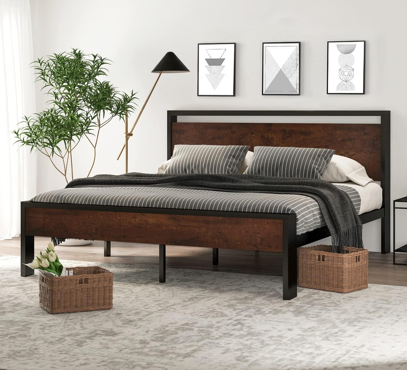 SHA CERLIN 14 Inch Full Size Metal Platform Bed Frame with Wooden Headboard and Footboard, Mattress Foundation, No Box Spring Needed, Large Under Bed Storage, Non-Slip Without Noise, Mahogany
