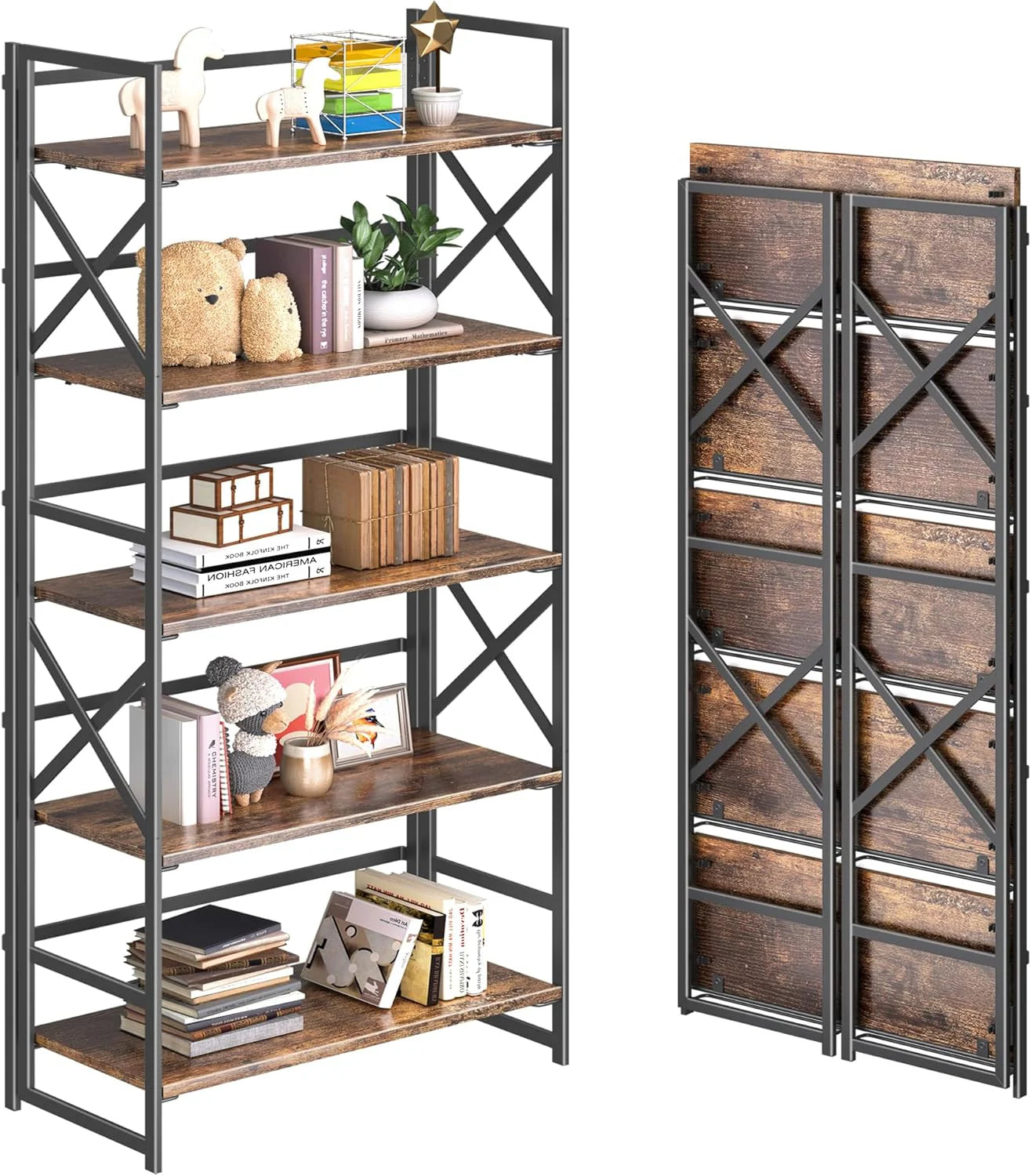 5 Tiers No Assembly Book Shelves 51.2" H Folding Bookshelf Bookcase