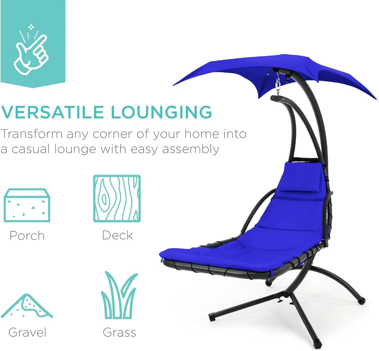 Best Choice Products Outdoor Hanging Curved Steel Chaise Lounge Chair Swing w/Built-in Pillow and Removable Canopy - Teal