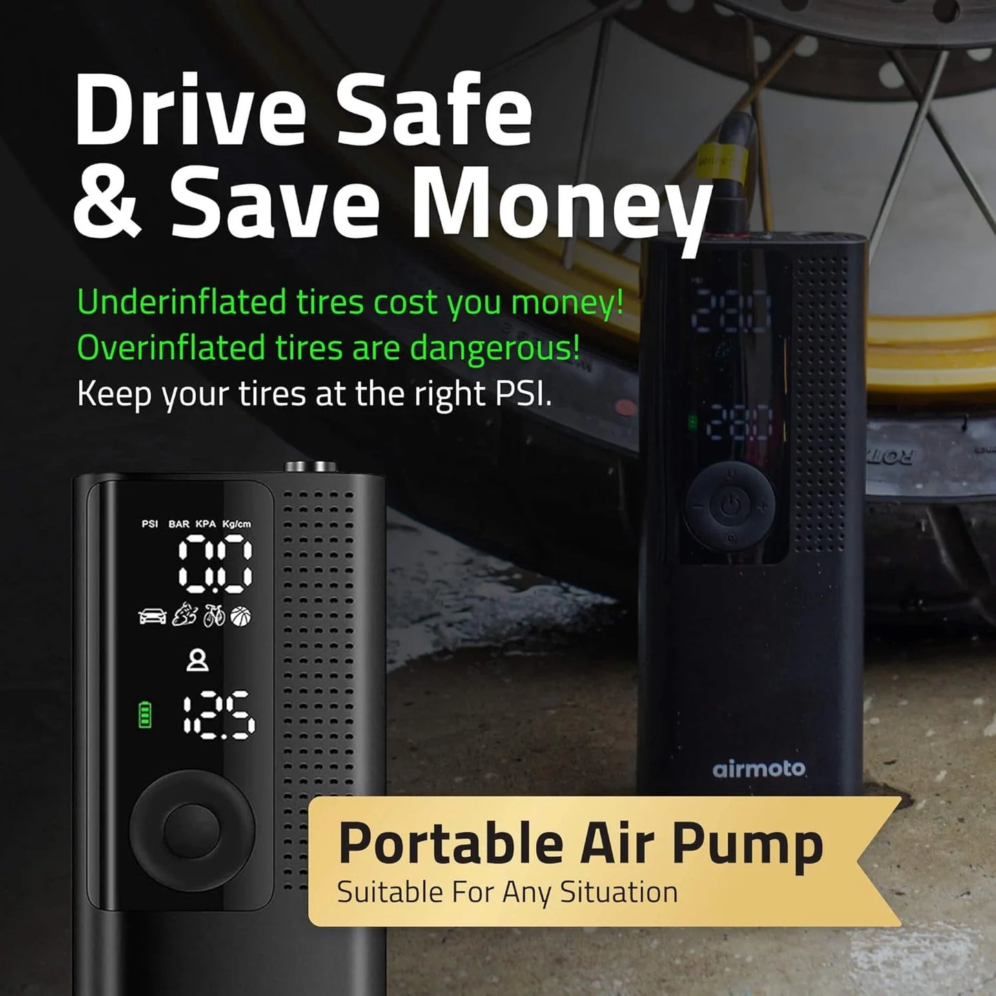 Power Kit Bundle Deal - 2-Pack - Tire Inflation Portable Air Compressor with Power Kit for Charging at Home and on the Road - Cordless Air Pump for Car Tires, Motorcycles, Bicycles