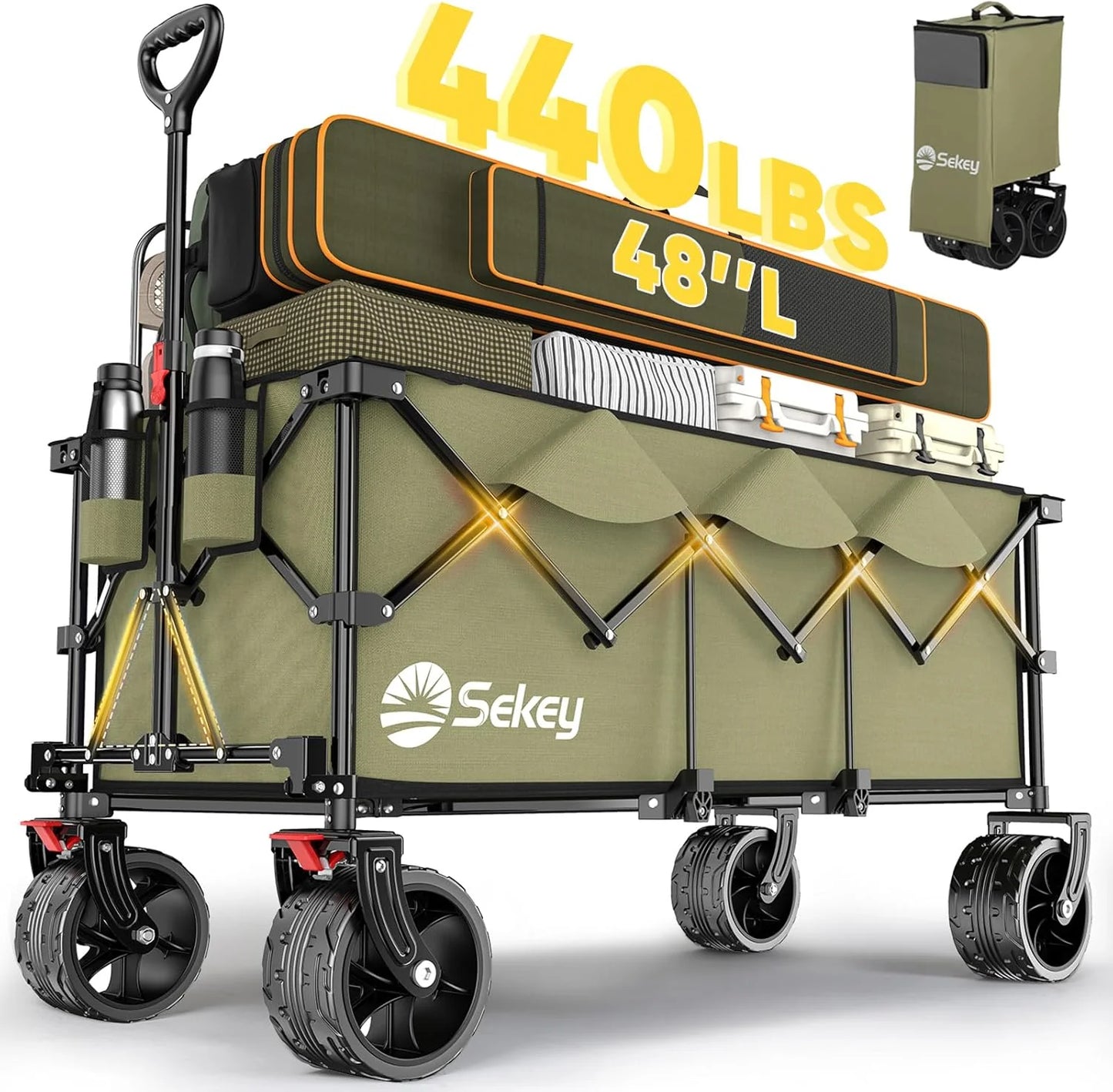 Sekey 48 Inch Long Foldable Extended Travel Cart, 440 Lbs Load Capacity, Heavy Duty 300 Liter Folding Multi-Purpose Garden Cart