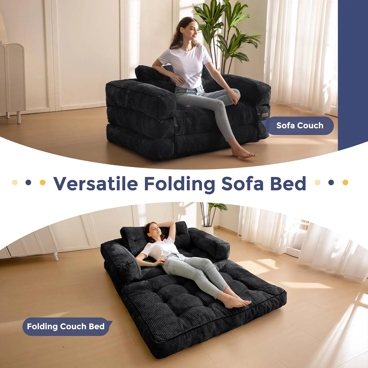 Folding Sofa Bed, L-Shaped Convertible Sofa Bed with Armrests and Pillows,